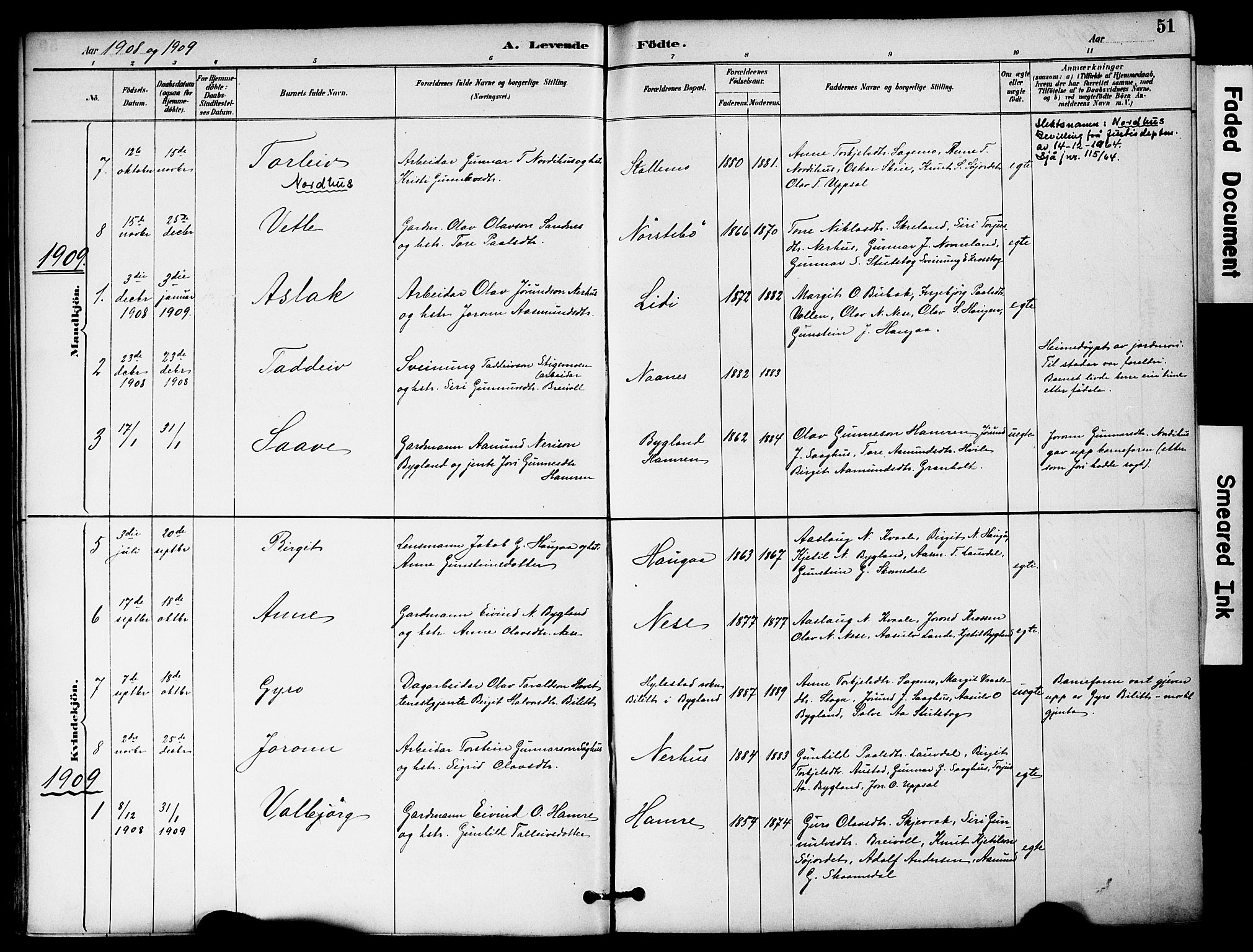 Bygland sokneprestkontor, AV/SAK-1111-0006/F/Fa/Fab/L0007: Parish register (official) no. A 7, 1885-1909, p. 51