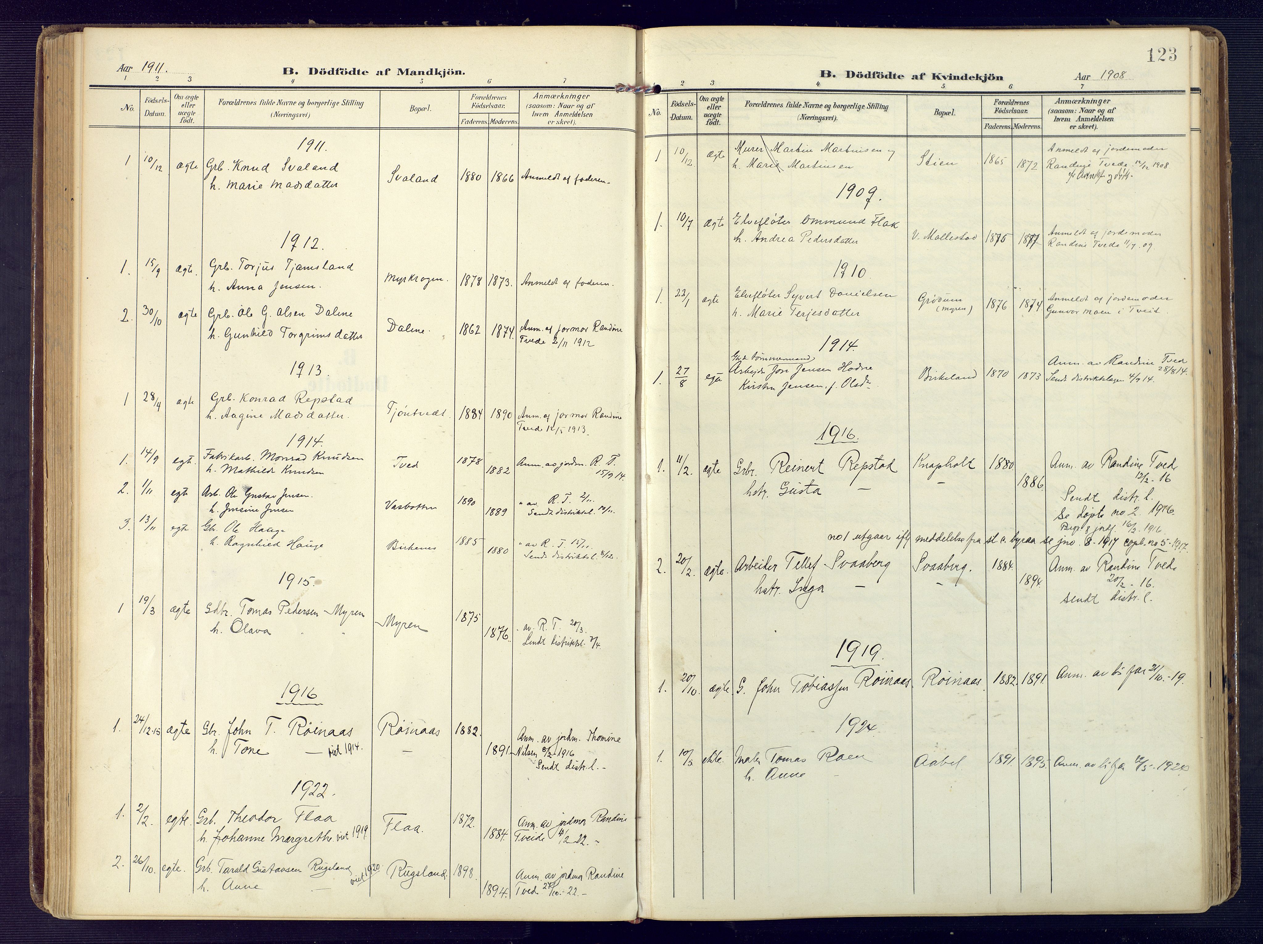 Birkenes sokneprestkontor, SAK/1111-0004/F/Fa/L0006: Parish register (official) no. A 6, 1908-1932, p. 123
