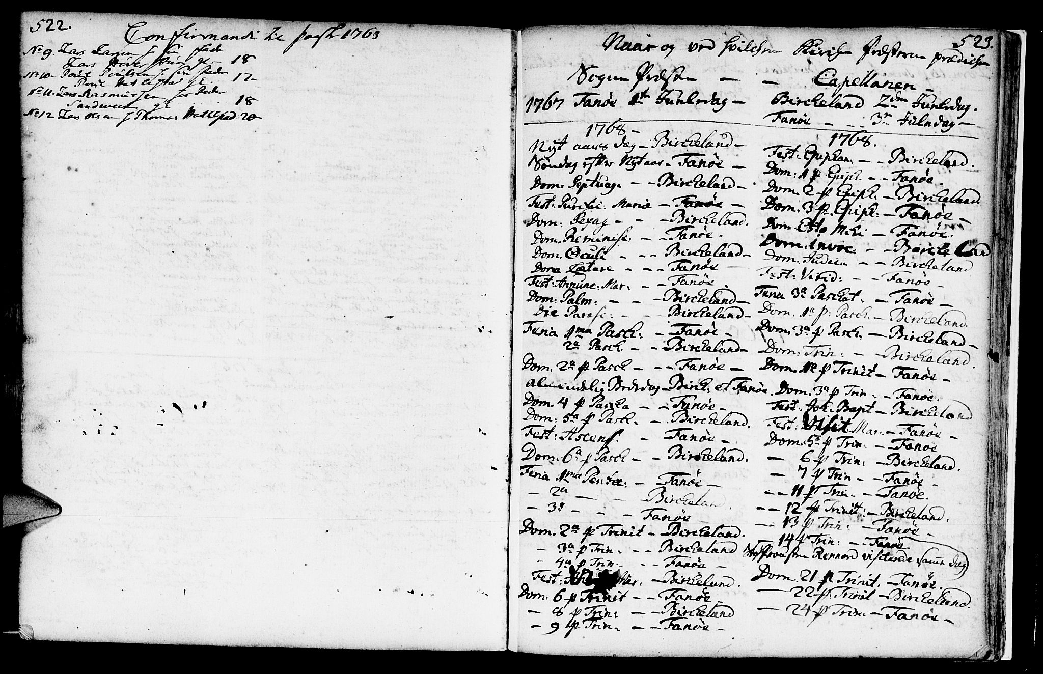 Fana Sokneprestembete, SAB/A-75101/H/Haa/Haaa/L0004: Parish register (official) no. A 4, 1757-1774, p. 522-523