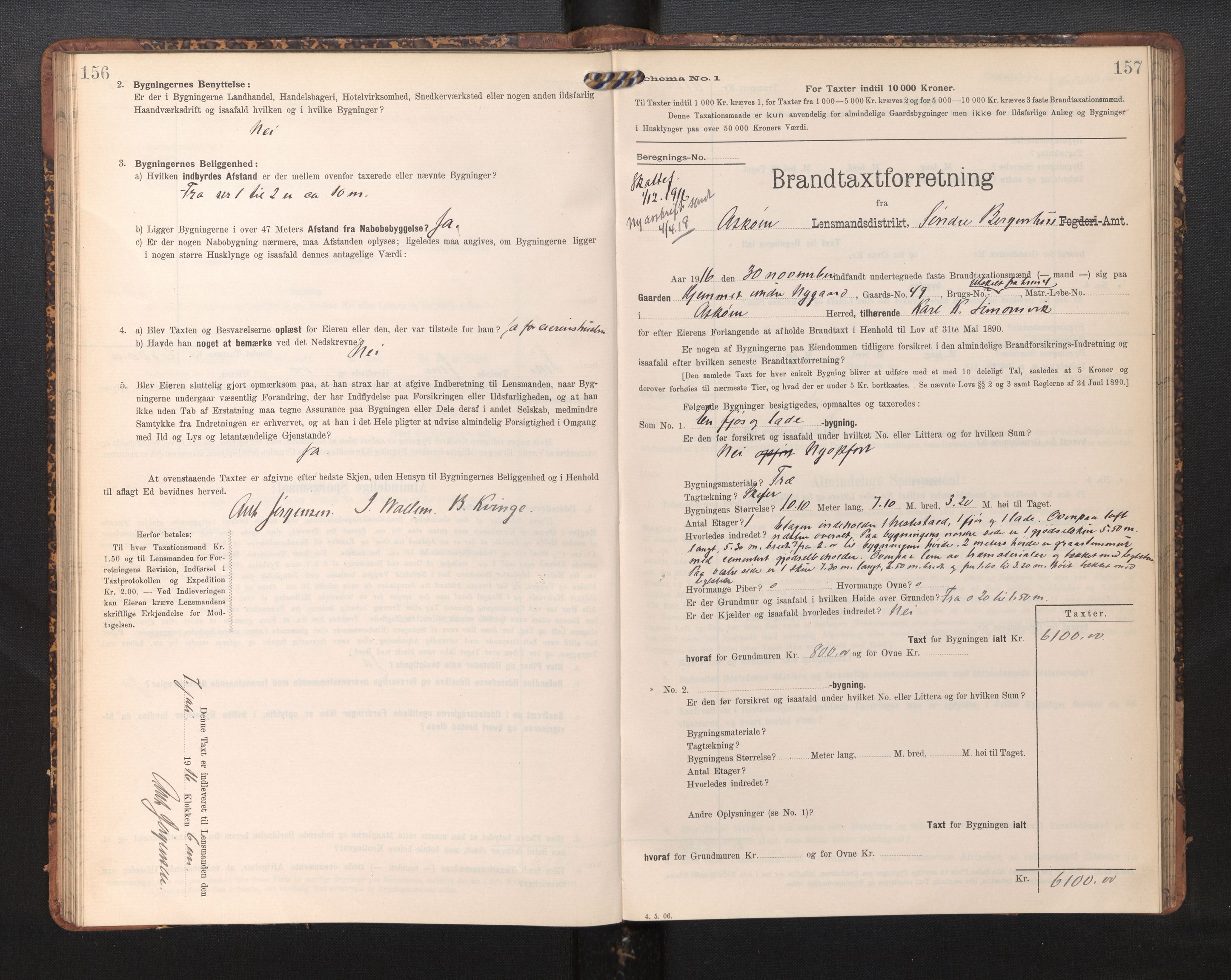 Lensmannen i Askøy, AV/SAB-A-31001/0012/L0006: Branntakstprotokoll, skjematakst, Laksevåg, 1907-1917, p. 156-157