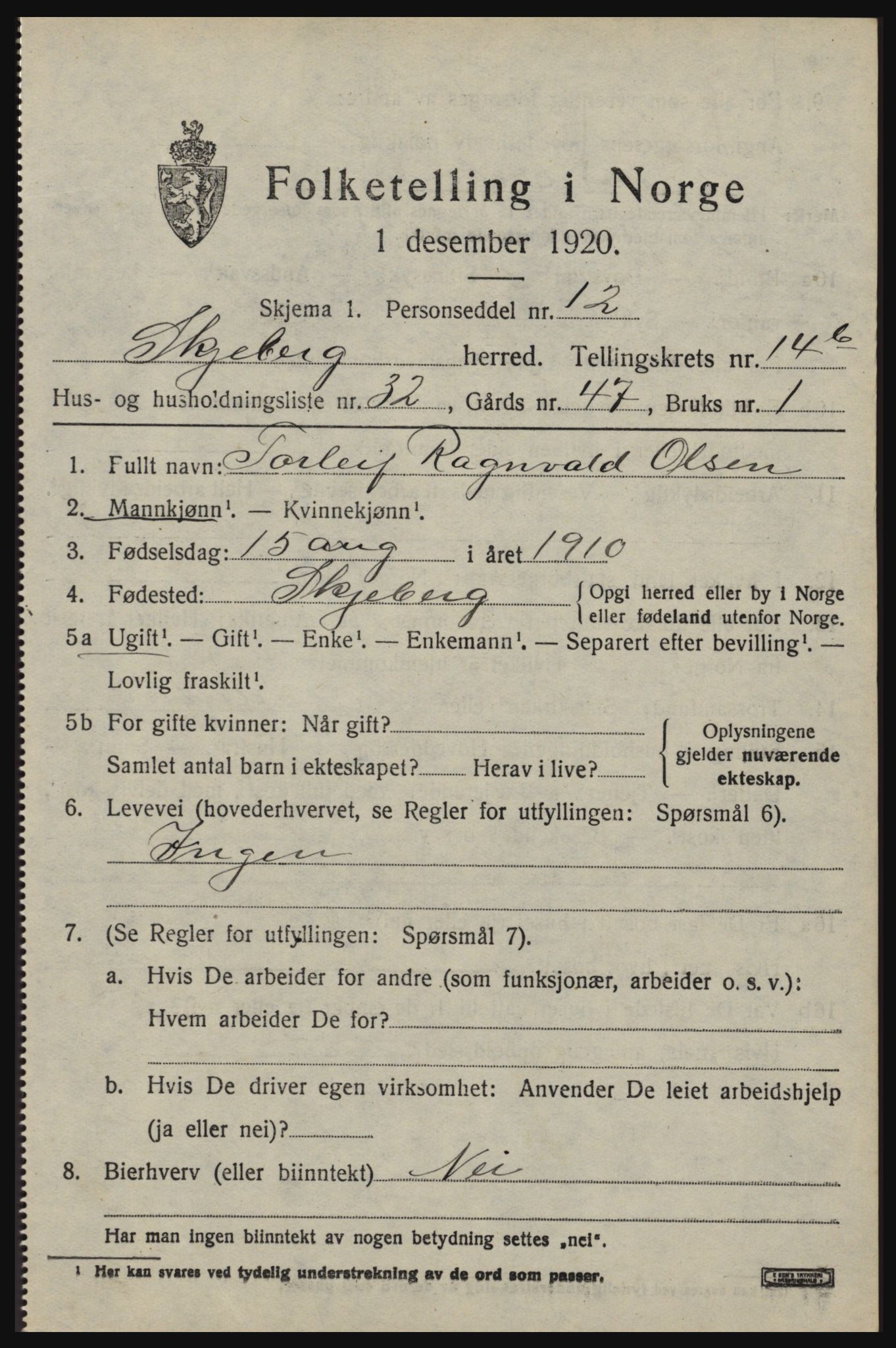 SAO, 1920 census for Skjeberg, 1920, p. 14647