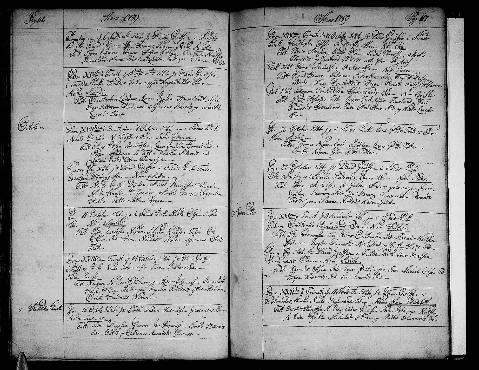 Sund sokneprestembete, AV/SAB-A-99930: Parish register (official) no. A 4, 1748-1769, p. 116-117