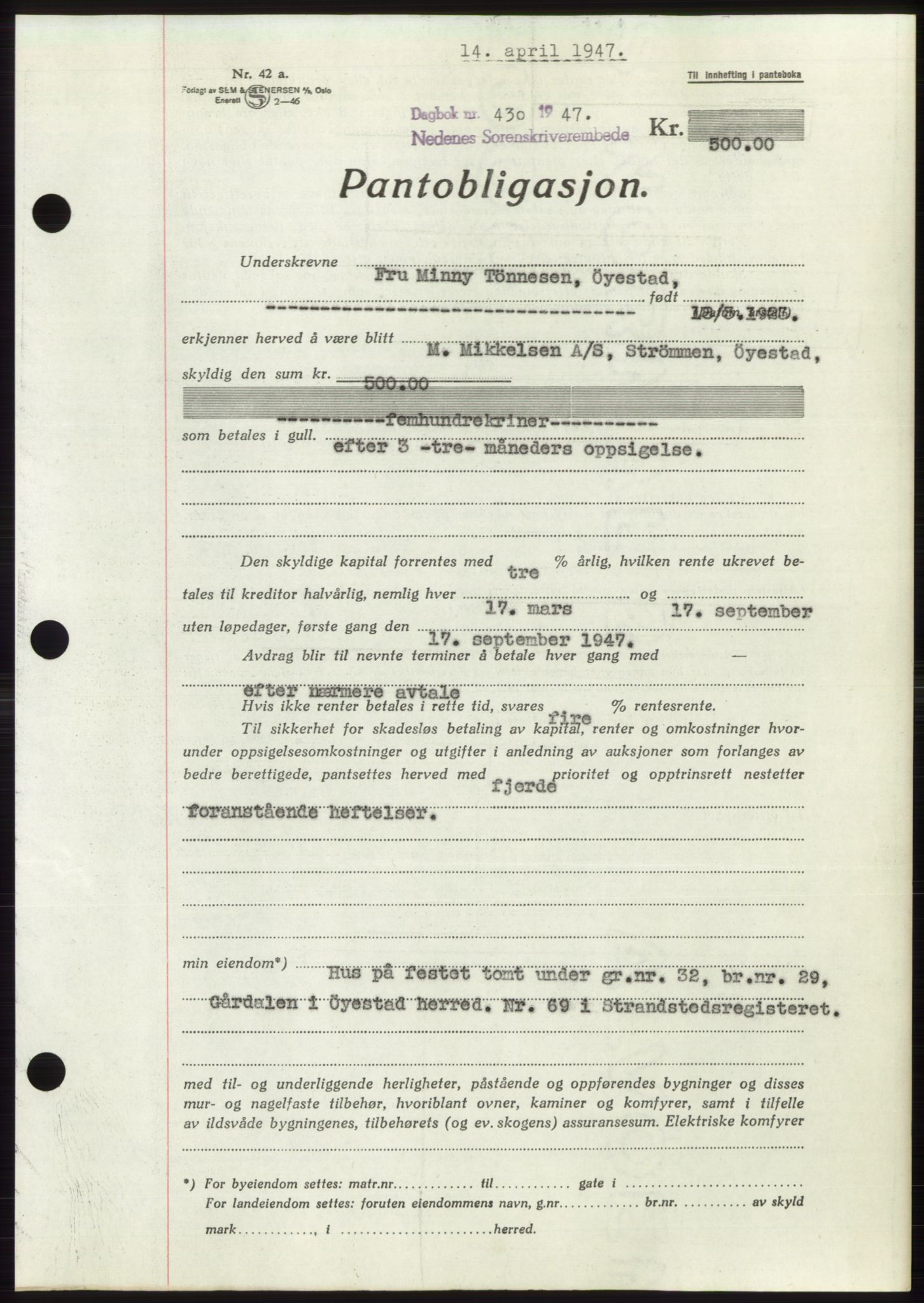 Nedenes sorenskriveri, AV/SAK-1221-0006/G/Gb/Gbb/L0004: Mortgage book no. B4, 1947-1947, Diary no: : 430/1947