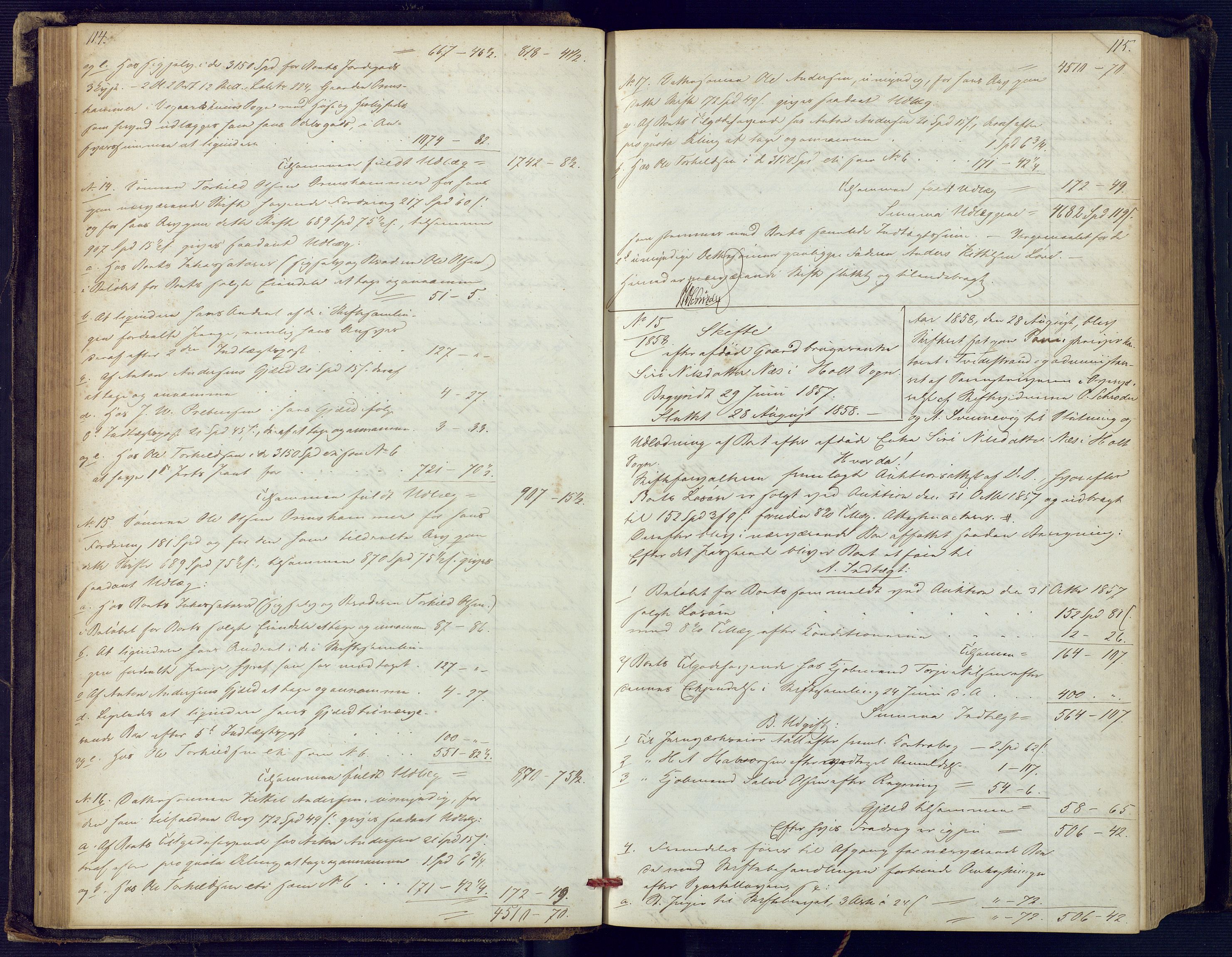 Holt sorenskriveri, SAK/1221-0002/H/Hc/L0029: Skifteutlodningsprotokoll nr. 4 med løst register, 1857-1862, p. 114-115