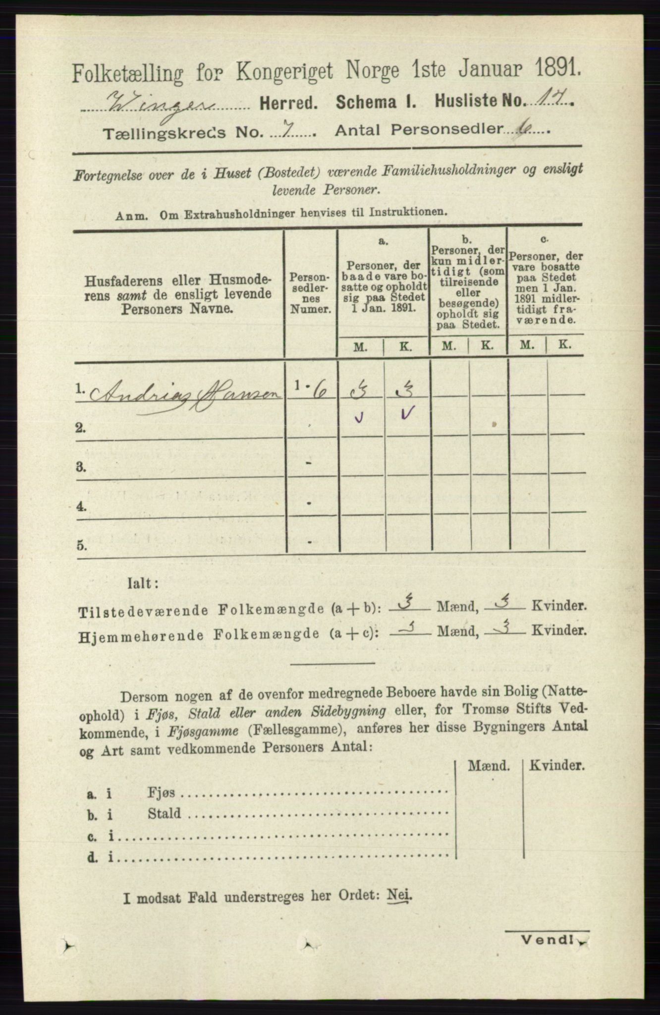 RA, 1891 census for 0421 Vinger, 1891, p. 3188