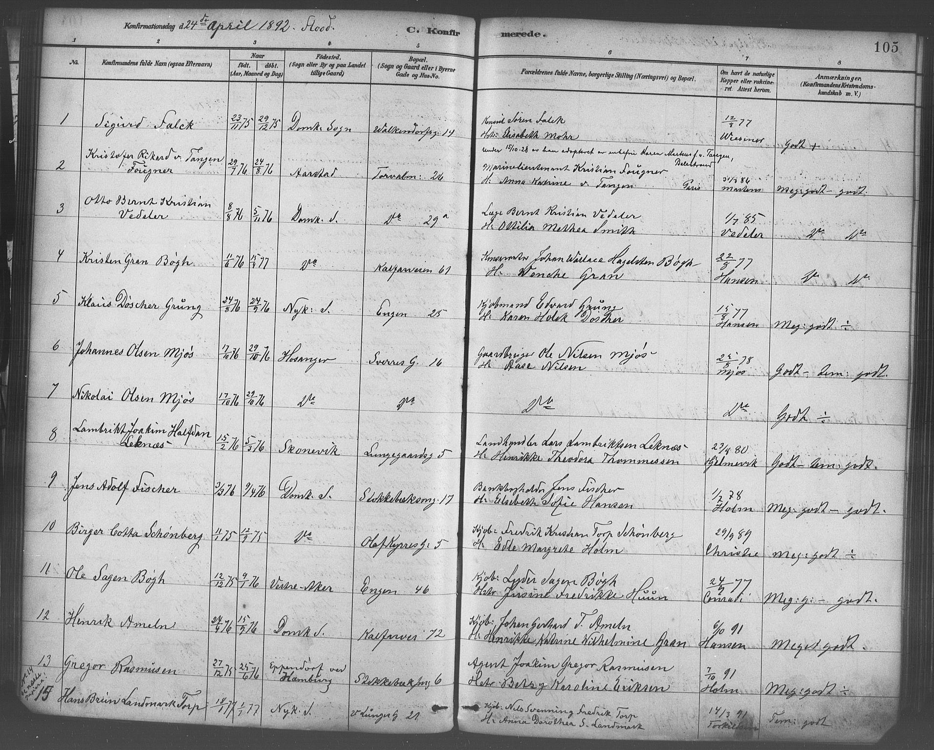 Domkirken sokneprestembete, SAB/A-74801/H/Haa/L0030: Parish register (official) no. C 5, 1880-1898, p. 105