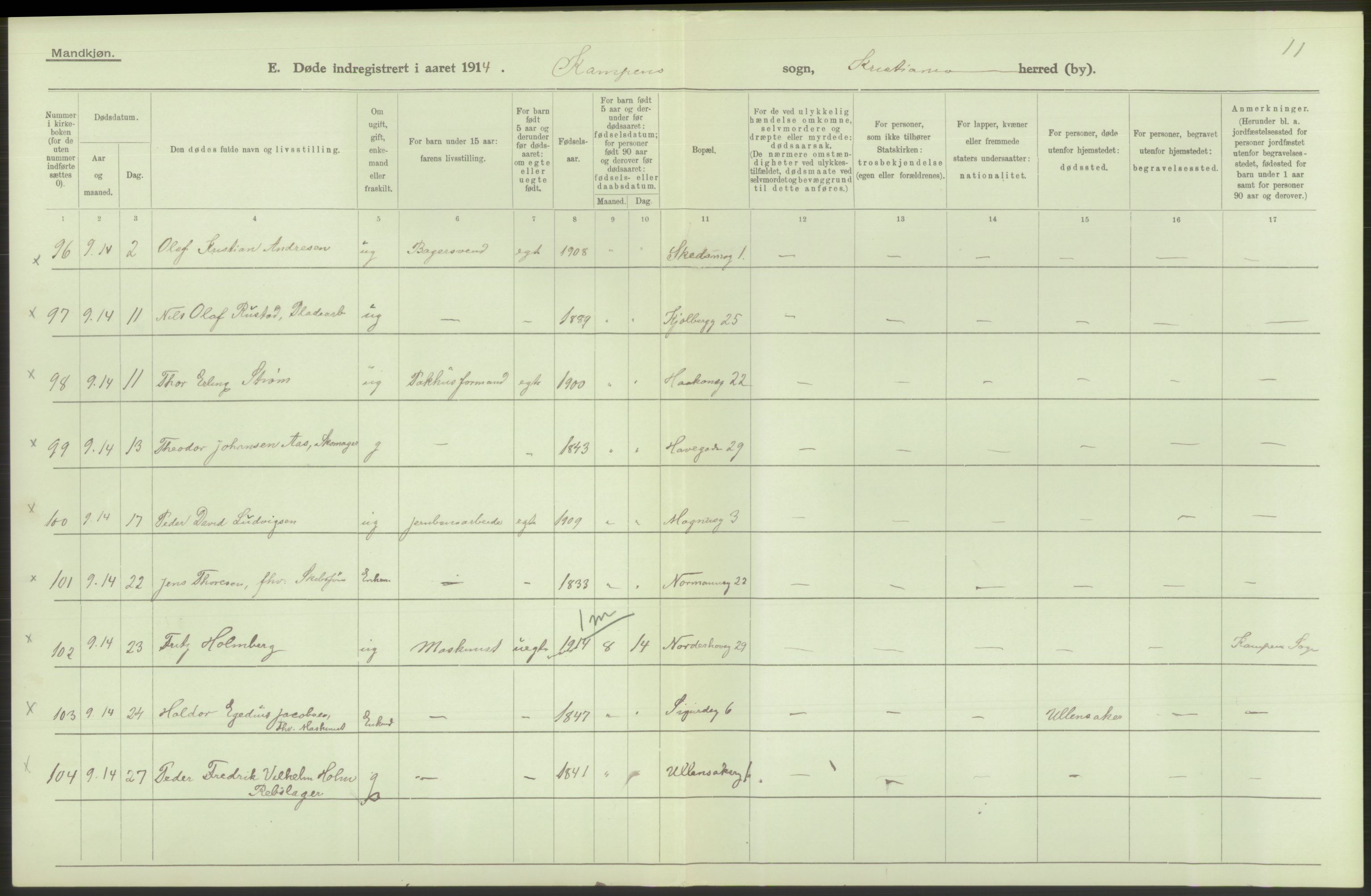 Statistisk sentralbyrå, Sosiodemografiske emner, Befolkning, AV/RA-S-2228/D/Df/Dfb/Dfbd/L0008: Kristiania: Døde, 1914, p. 410