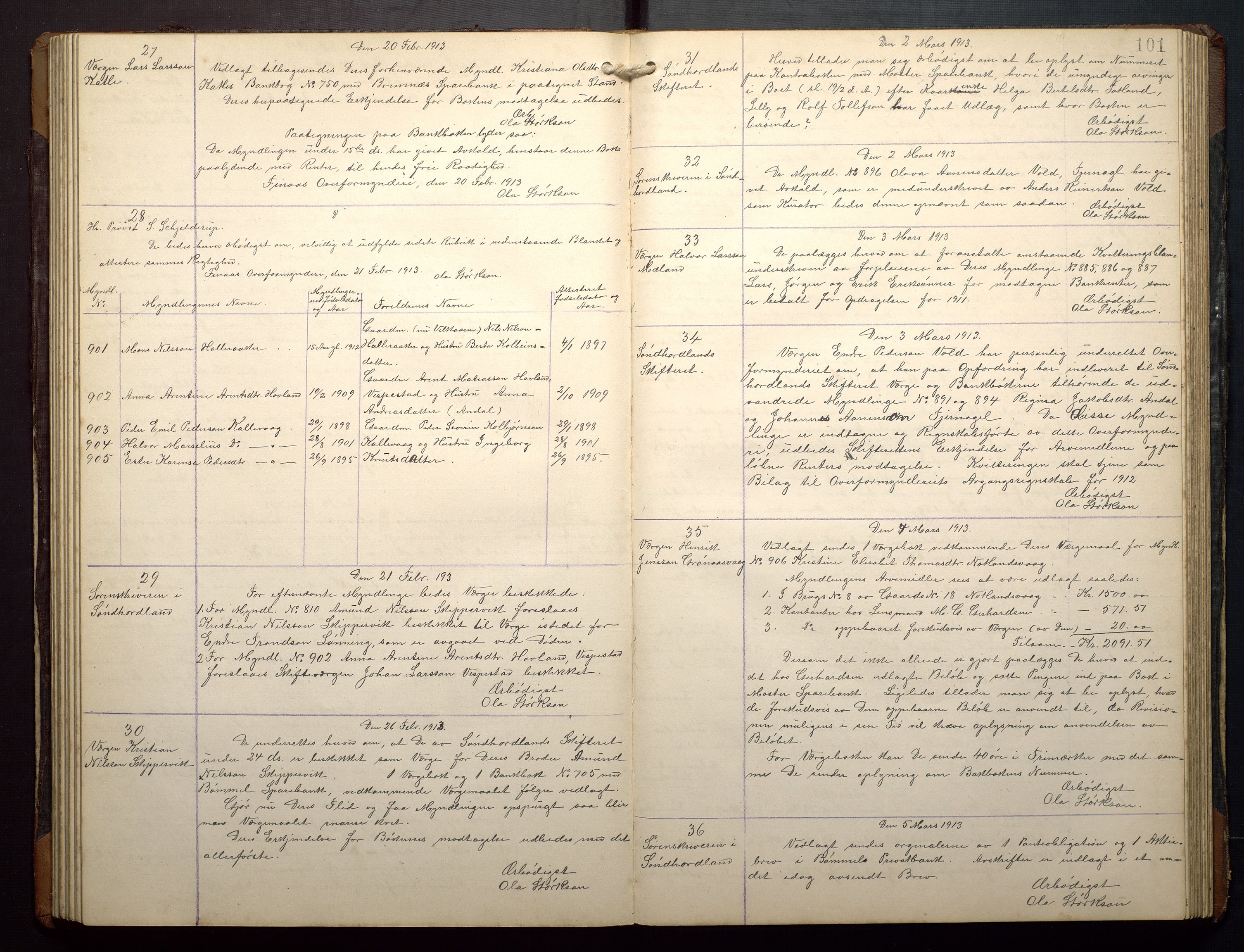 Finnaas kommune. Overformynderiet, IKAH/1218a-812/B/Ba/Baa/L0002: Kopibok for Finnås overformynderi, 1904-1920, p. 101