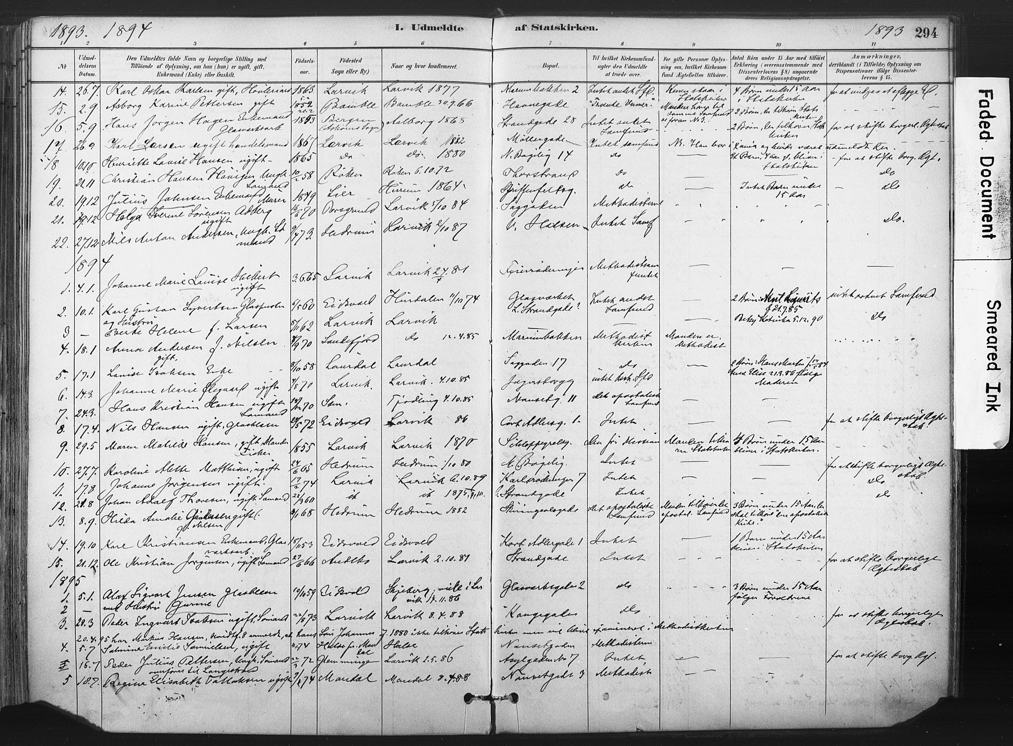 Larvik kirkebøker, SAKO/A-352/F/Fa/L0010: Parish register (official) no. I 10, 1884-1910, p. 294