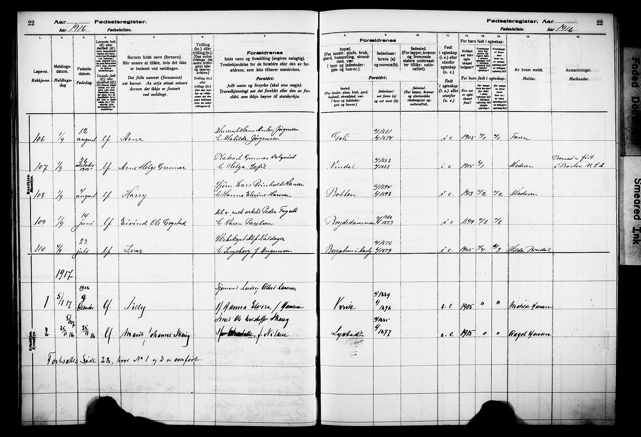 Sandar kirkebøker, AV/SAKO-A-243/J/Ja/L0001: Birth register no. 1, 1916-1922, p. 22