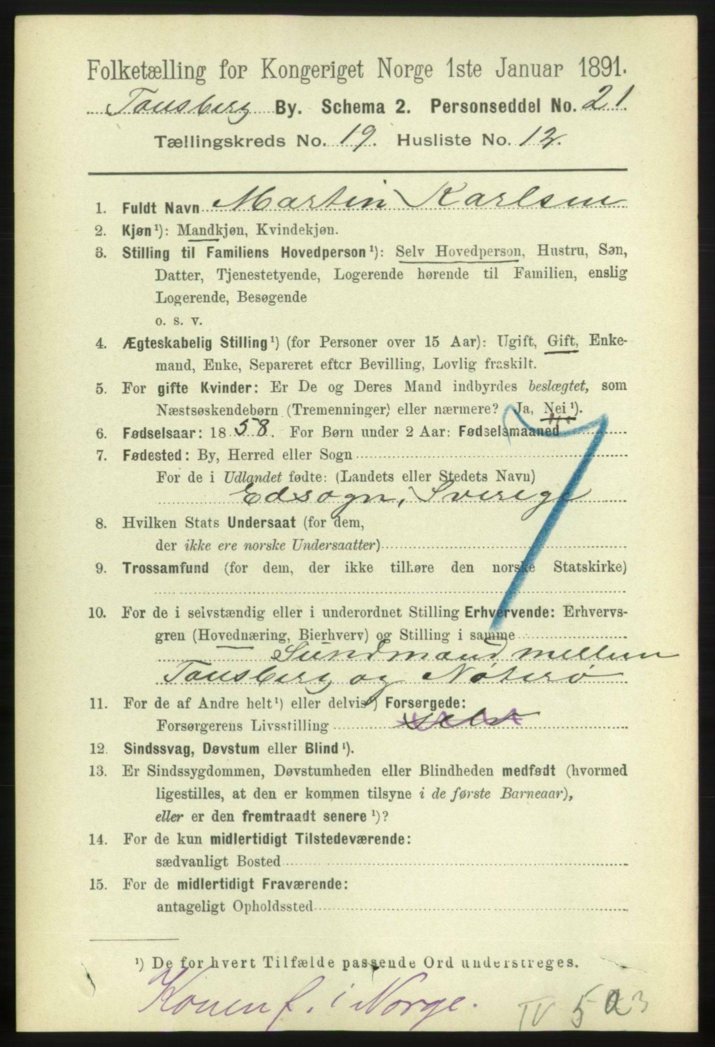 RA, 1891 census for 0705 Tønsberg, 1891, p. 5370