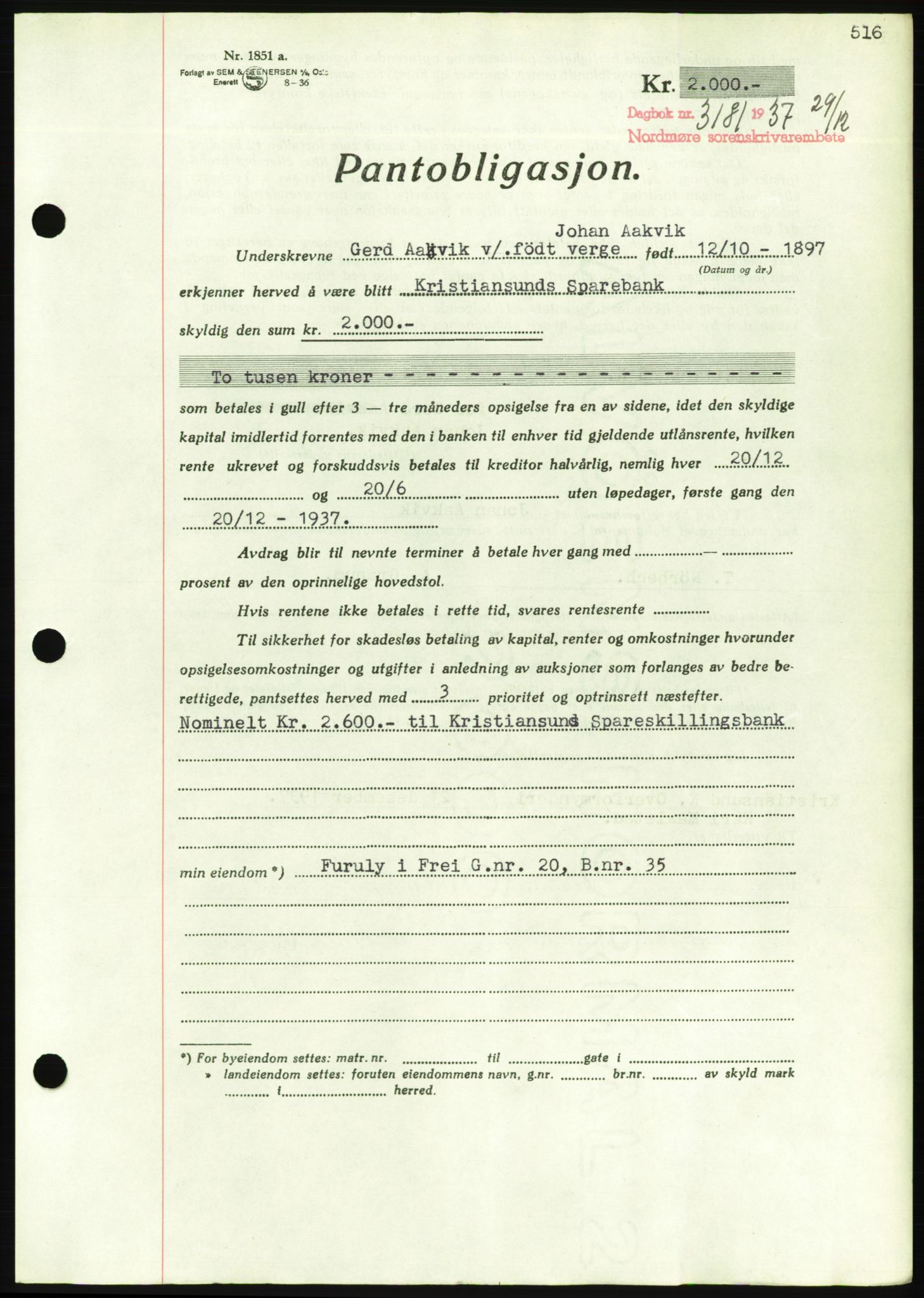 Nordmøre sorenskriveri, AV/SAT-A-4132/1/2/2Ca/L0092: Mortgage book no. B82, 1937-1938, Diary no: : 3181/1937