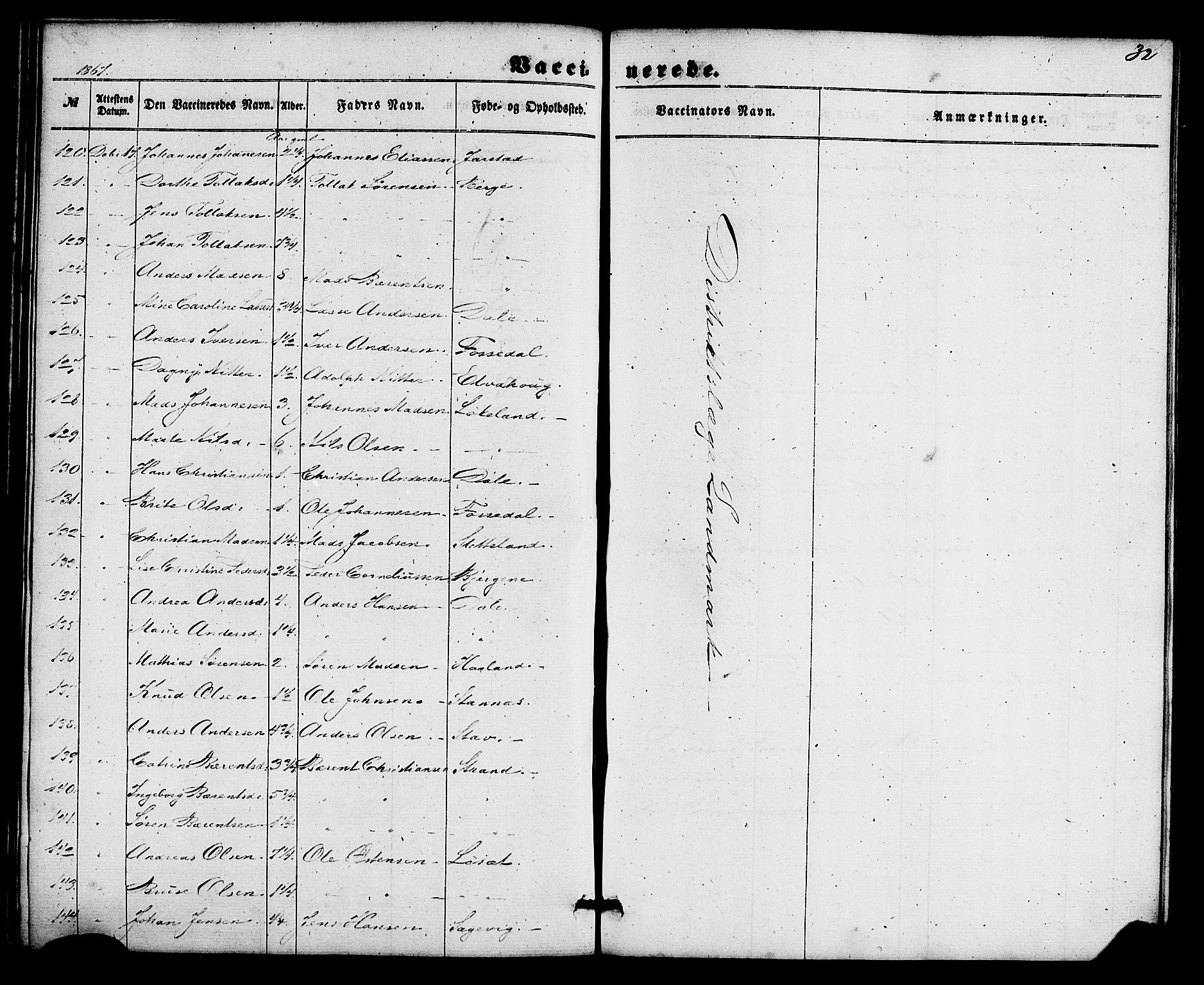 Fjaler sokneprestembete, AV/SAB-A-79801/H/Haa/Haaa/L0011: Parish register (official) no. A 11, 1860-1867, p. 32