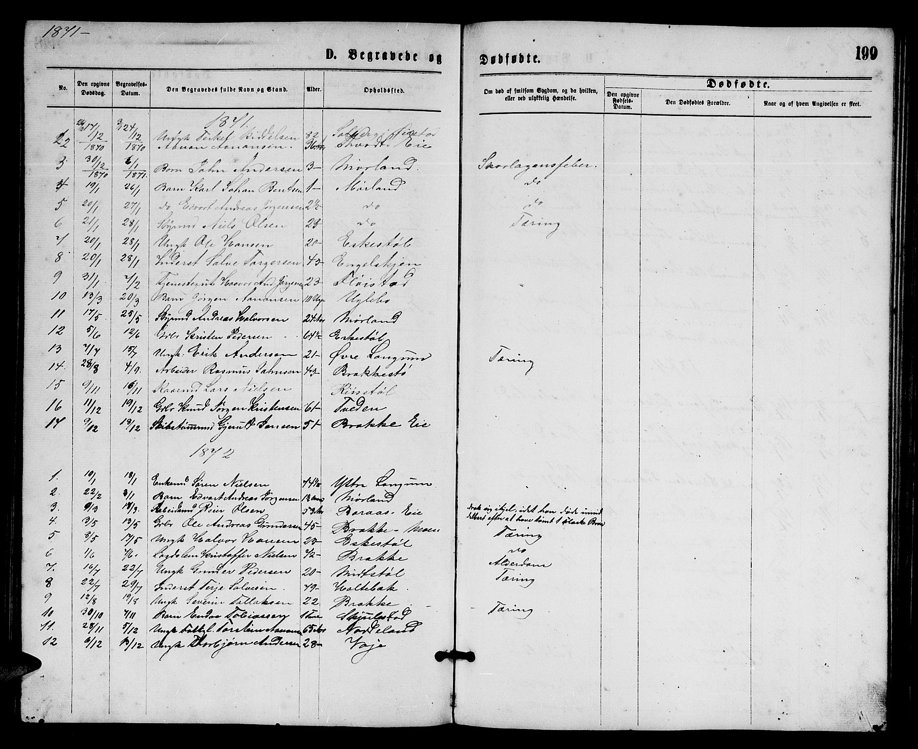 Austre Moland sokneprestkontor, AV/SAK-1111-0001/F/Fb/Fba/L0002: Parish register (copy) no. B 2, 1869-1879, p. 199