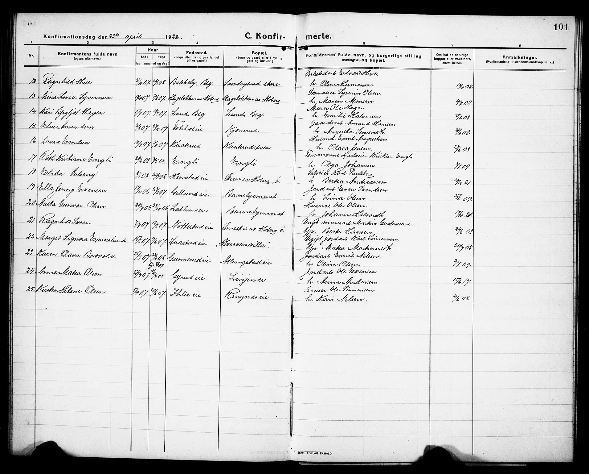 Stange prestekontor, AV/SAH-PREST-002/L/L0015: Parish register (copy) no. 15, 1916-1928, p. 101