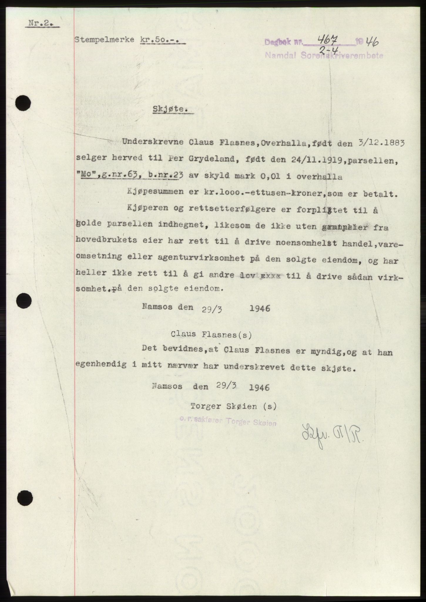 Namdal sorenskriveri, AV/SAT-A-4133/1/2/2C: Mortgage book no. -, 1946-1946, Diary no: : 467/1946