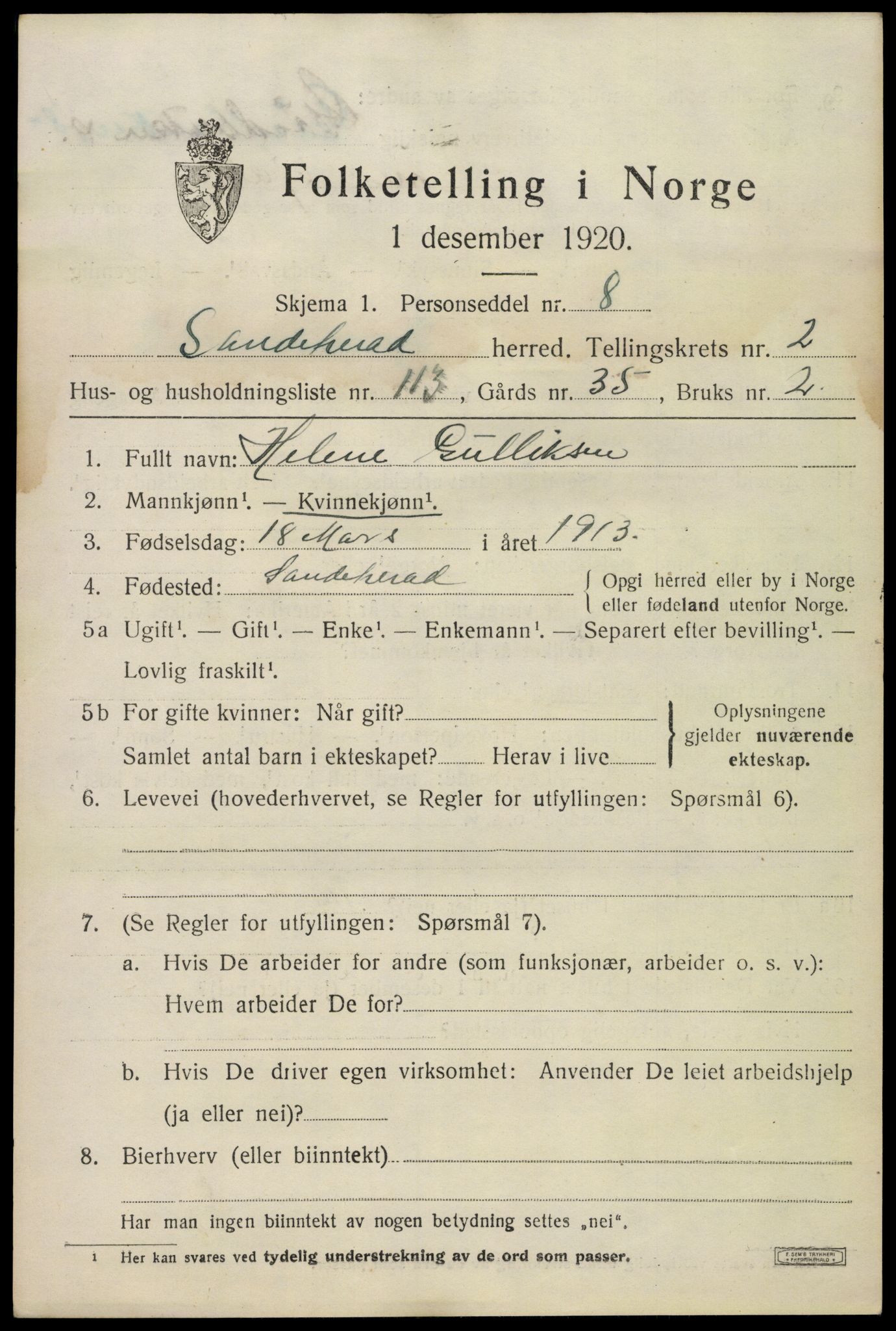 SAKO, 1920 census for Sandeherred, 1920, p. 5200
