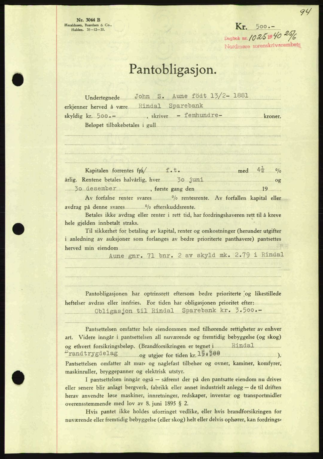 Nordmøre sorenskriveri, AV/SAT-A-4132/1/2/2Ca: Mortgage book no. B87, 1940-1941, Diary no: : 1025/1940