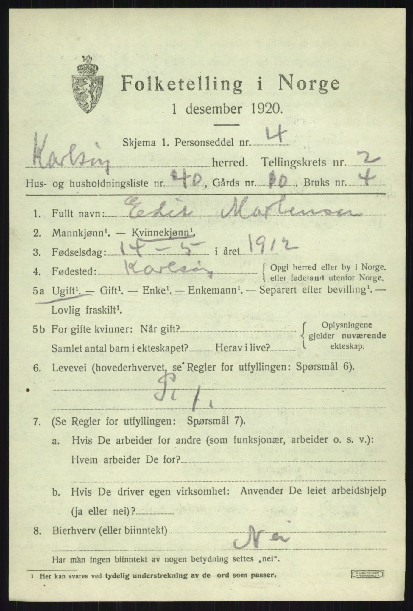 SATØ, 1920 census for Karlsøy, 1920, p. 1725
