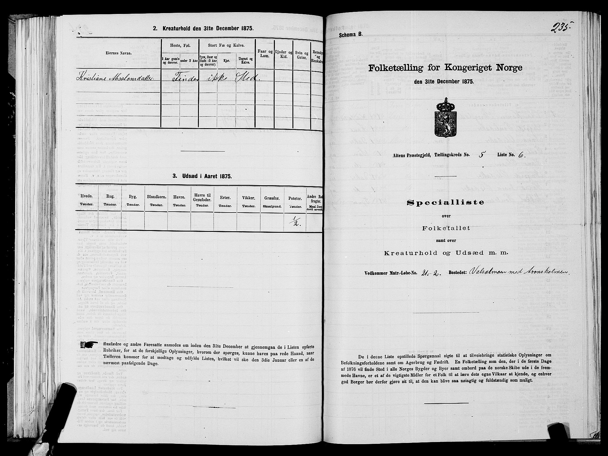 SATØ, 1875 census for 2012P Alta, 1875, p. 2235