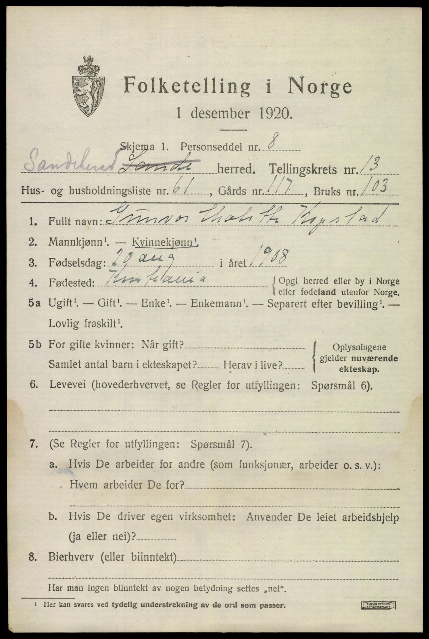 SAKO, 1920 census for Sandeherred, 1920, p. 20148