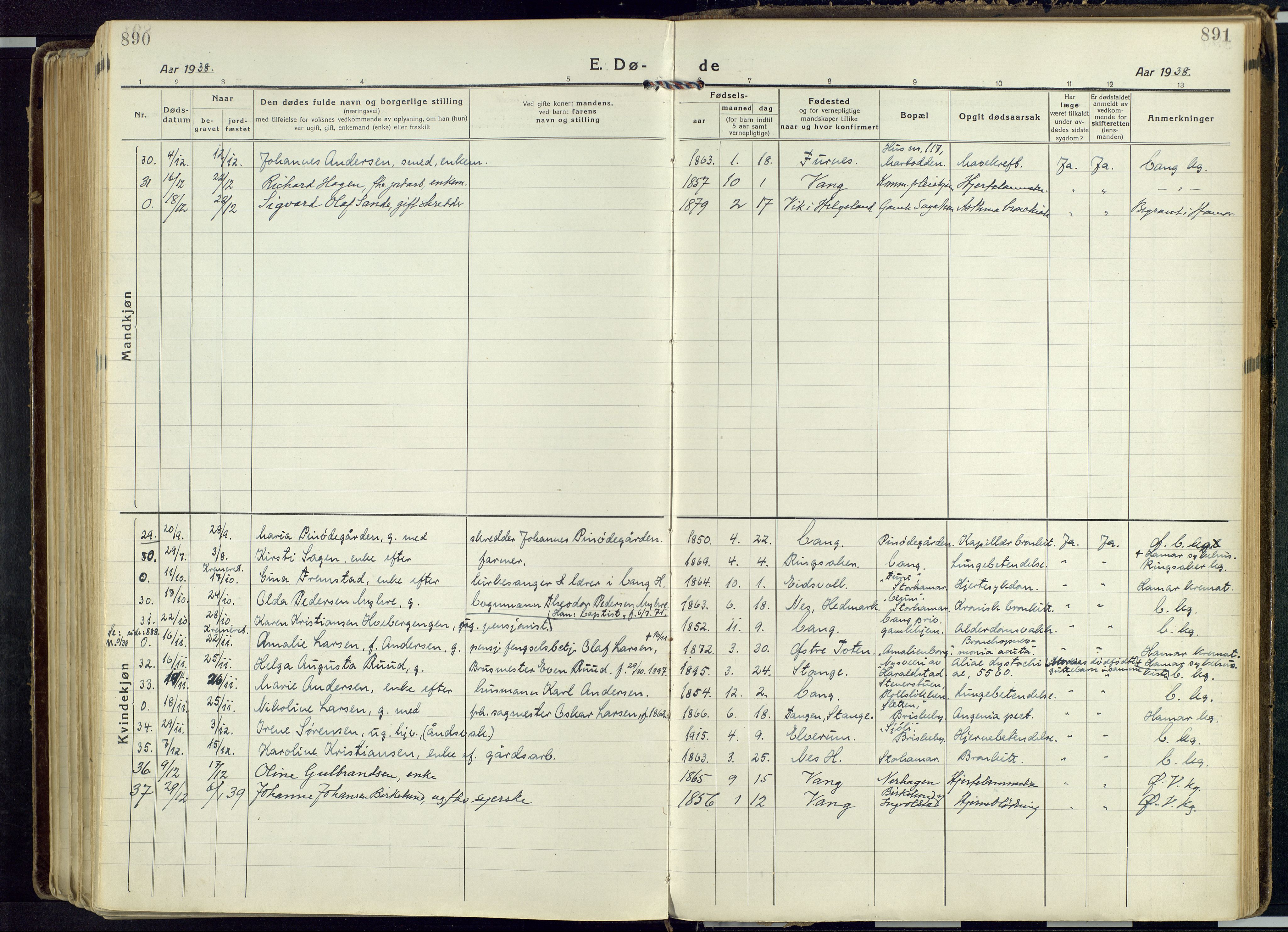 Vang prestekontor, Hedmark, SAH/PREST-008/H/Ha/Haa/L0022: Parish register (official) no. 22, 1918-1944, p. 890-891