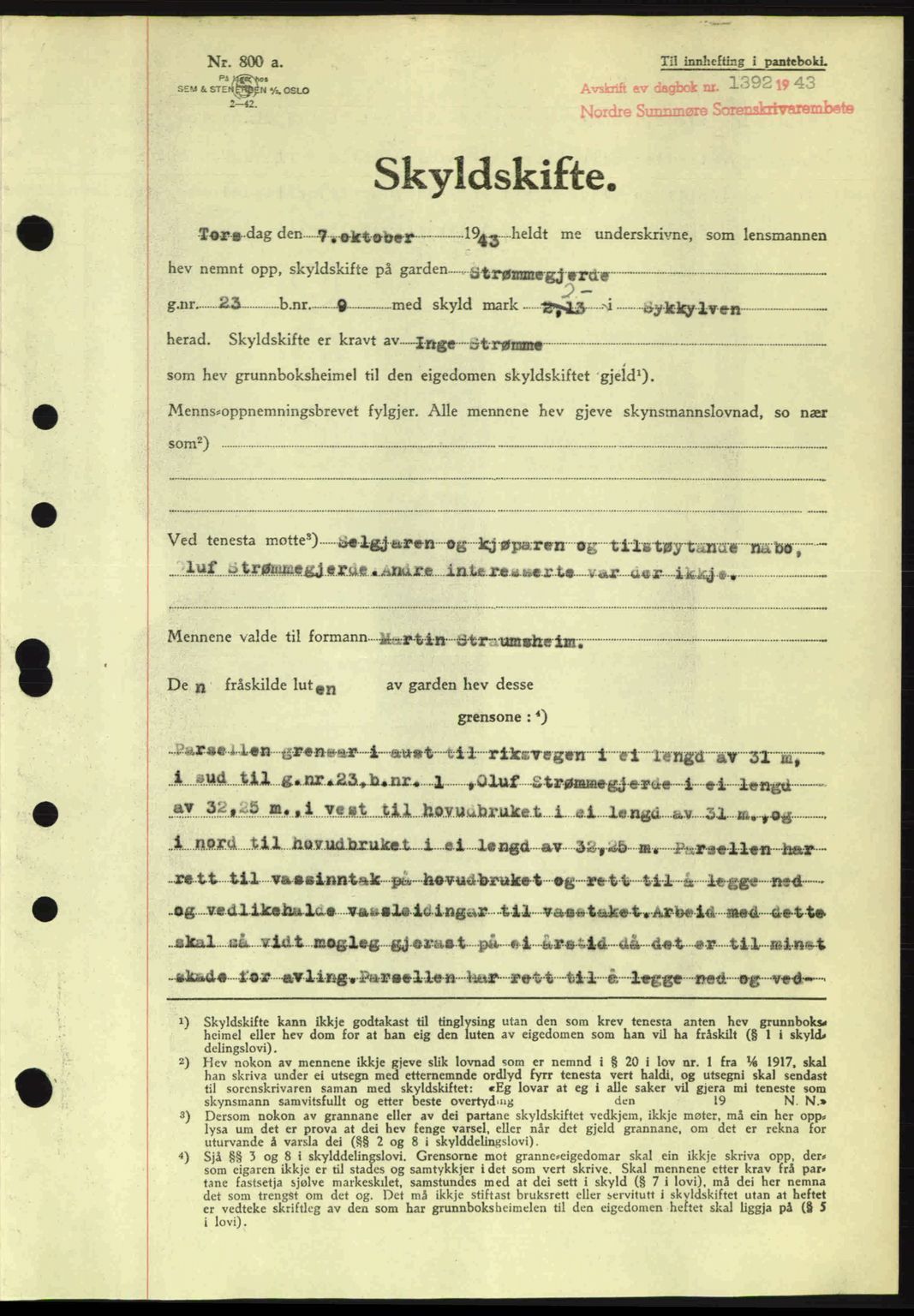 Nordre Sunnmøre sorenskriveri, AV/SAT-A-0006/1/2/2C/2Ca: Mortgage book no. A16, 1943-1943, Diary no: : 1392/1943