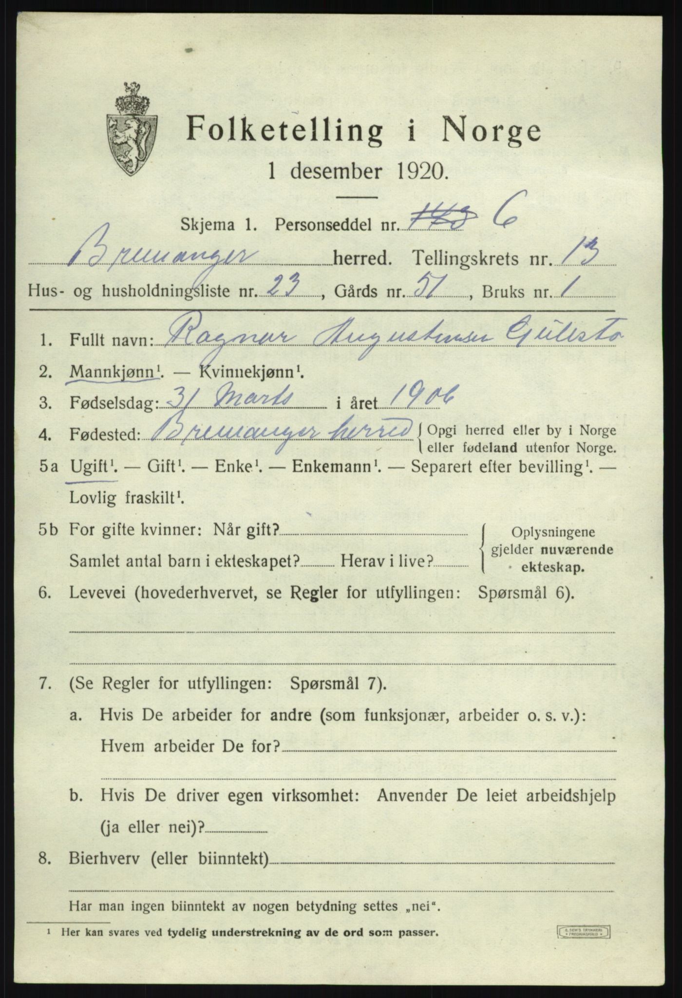 SAB, 1920 census for Bremanger, 1920, p. 7040