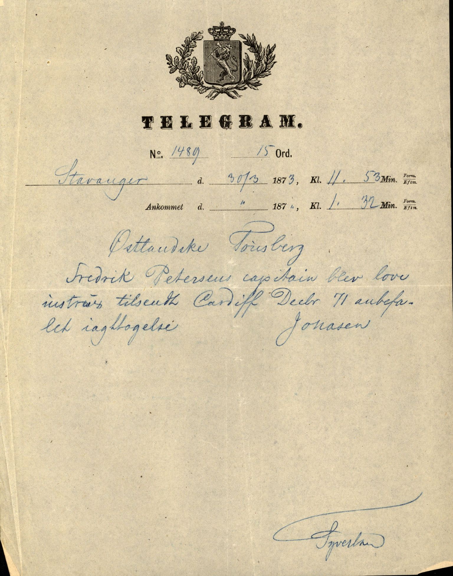 Pa 63 - Østlandske skibsassuranceforening, VEMU/A-1079/G/Ga/L0005/0019: Havaridokumenter / Fredrik Petersen, 1873