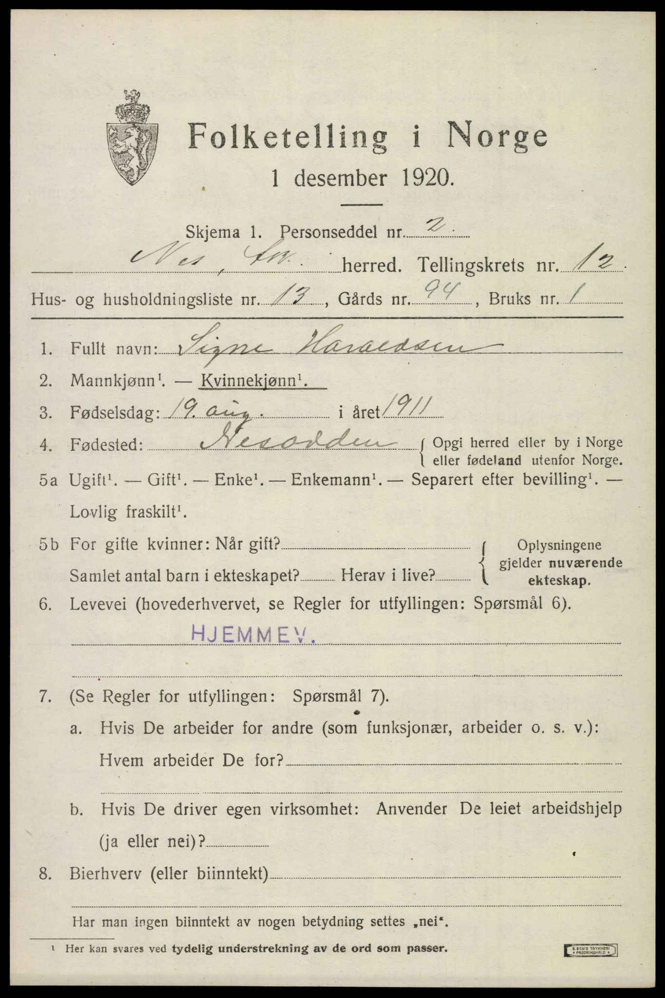 SAO, 1920 census for Nes, 1920, p. 12380