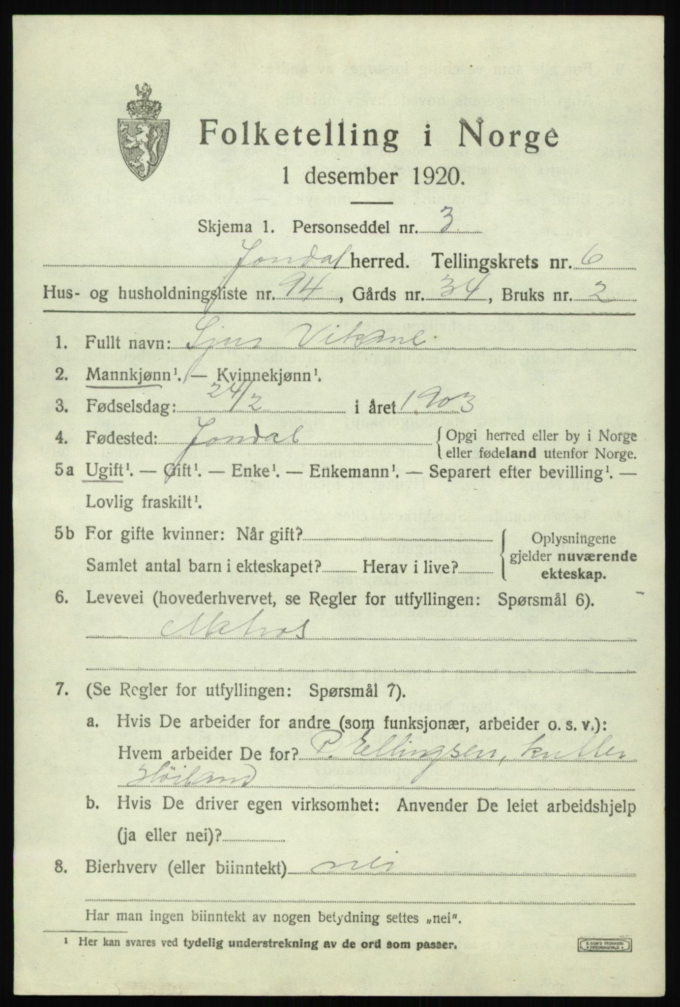 SAB, 1920 census for Jondal, 1920, p. 3736