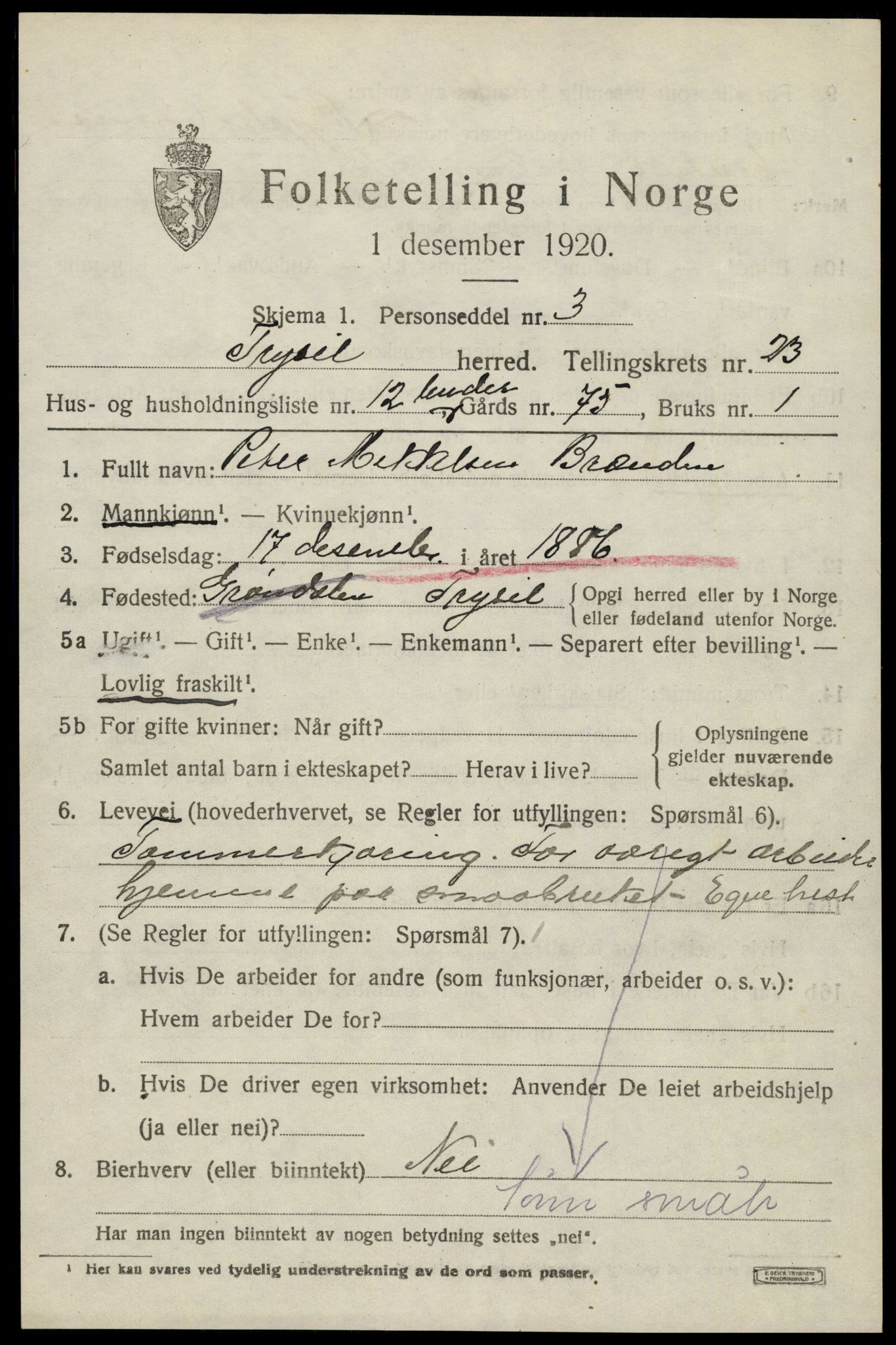 SAH, 1920 census for Trysil, 1920, p. 14977