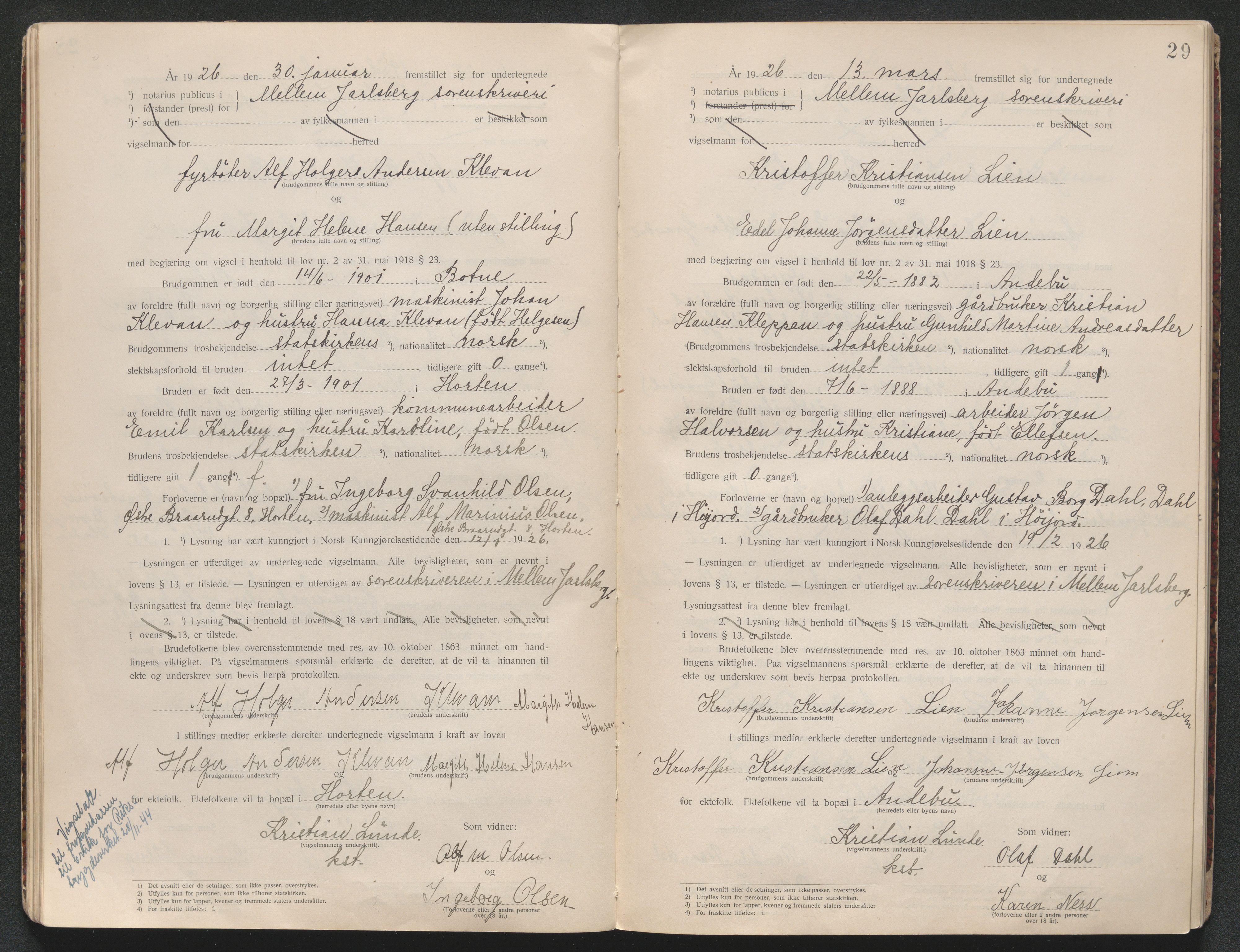 Horten sorenskriveri, AV/SAKO-A-133/L/Lc/L0001: Vigselsbok, 1920-1941, p. 29