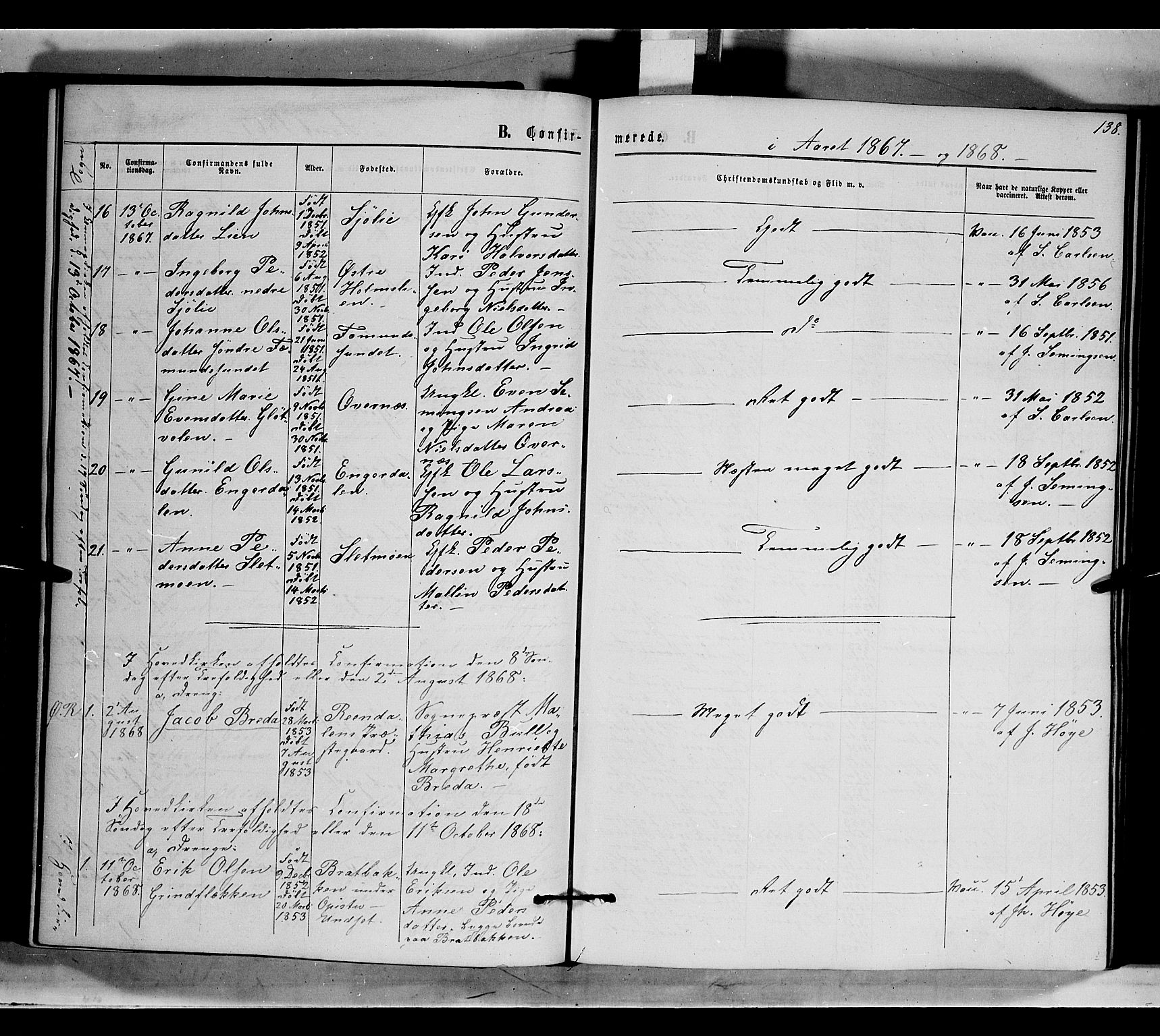 Rendalen prestekontor, SAH/PREST-054/H/Ha/Haa/L0006: Parish register (official) no. 6, 1867-1877, p. 138