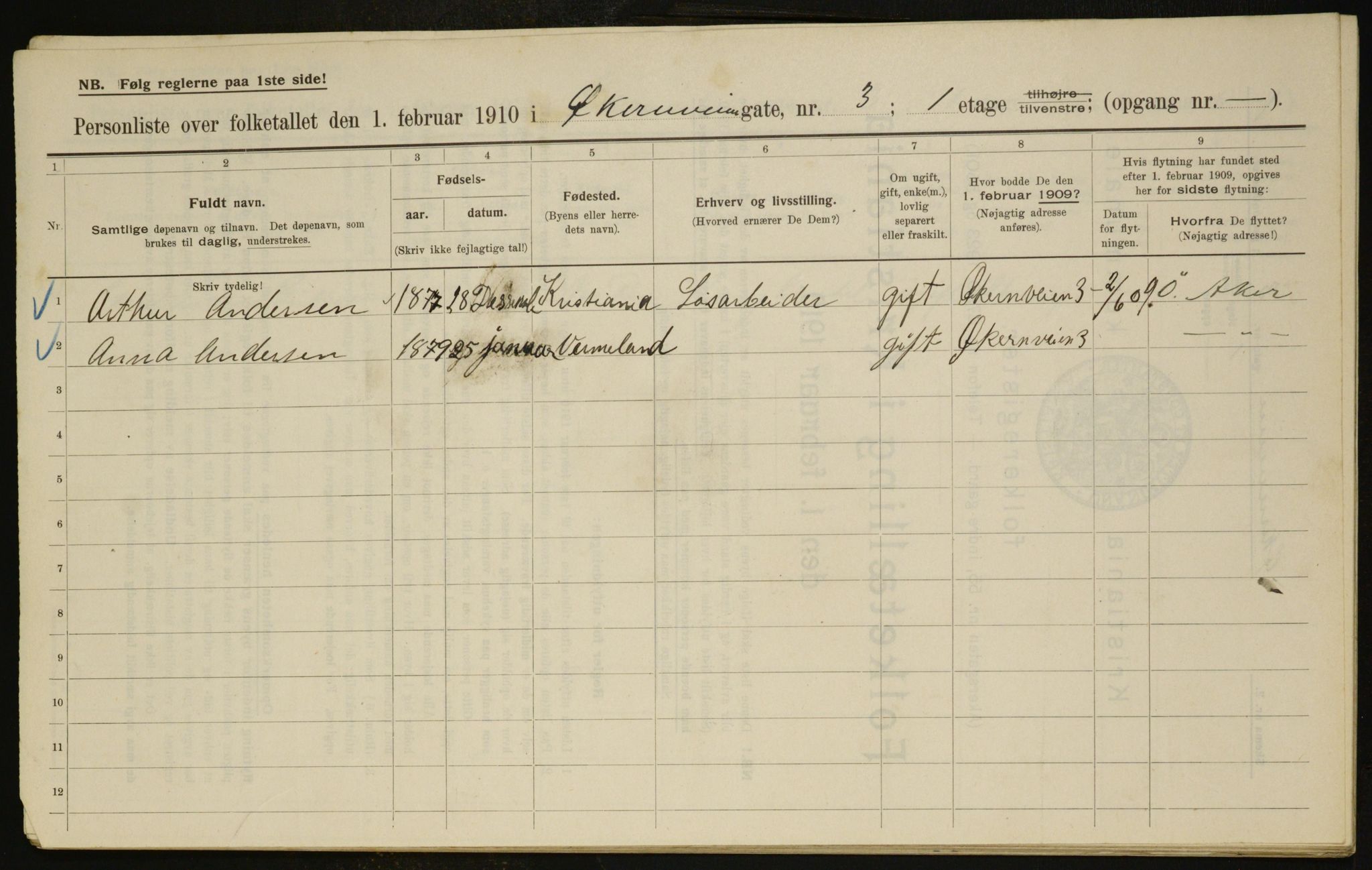 OBA, Municipal Census 1910 for Kristiania, 1910, p. 122032