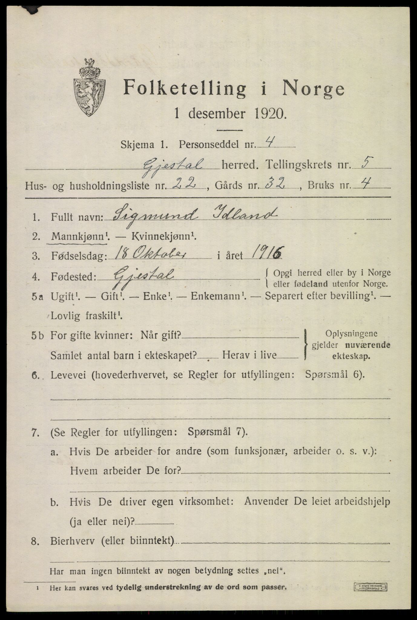 SAST, 1920 census for Gjesdal, 1920, p. 3386