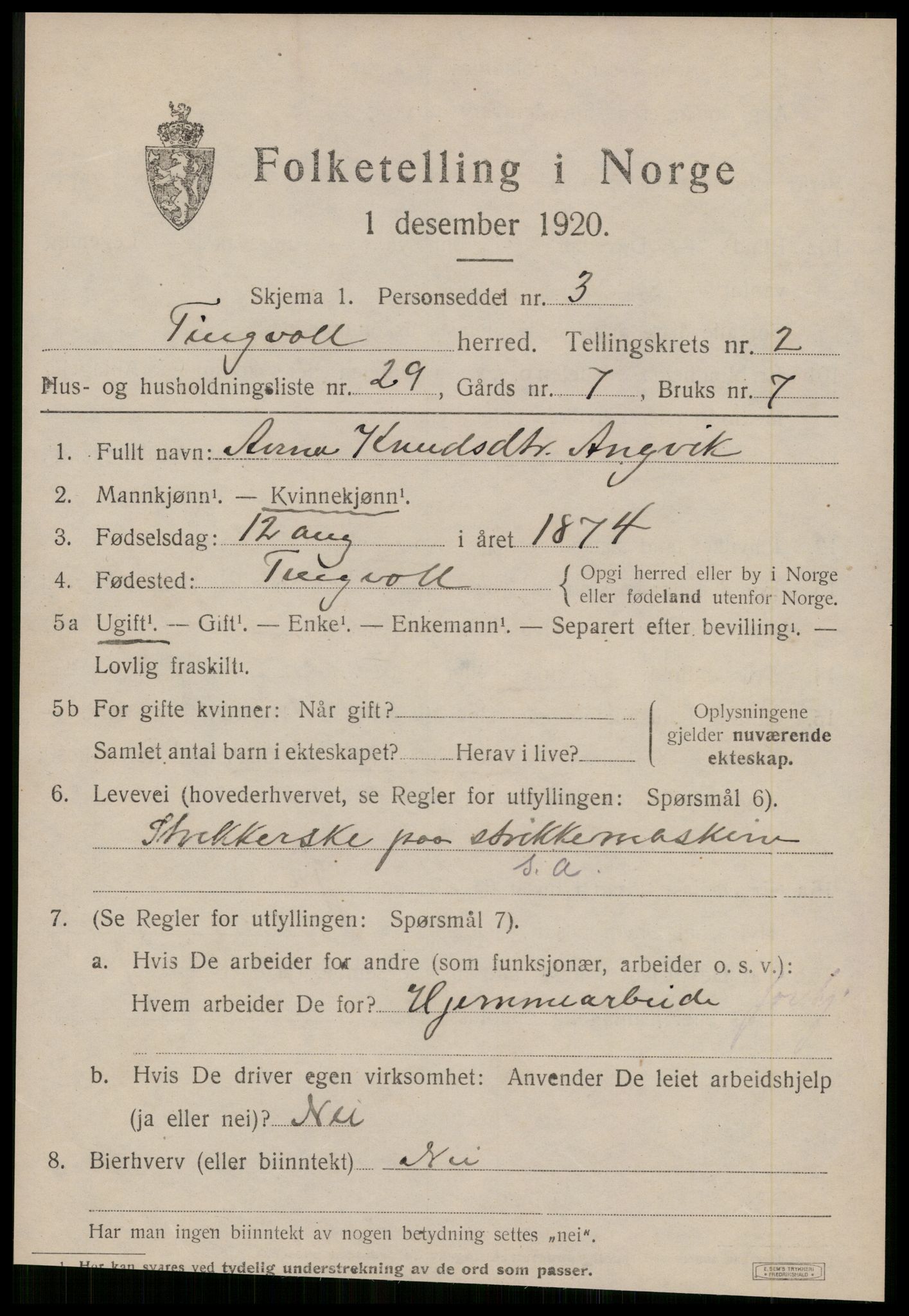 SAT, 1920 census for Tingvoll, 1920, p. 1588