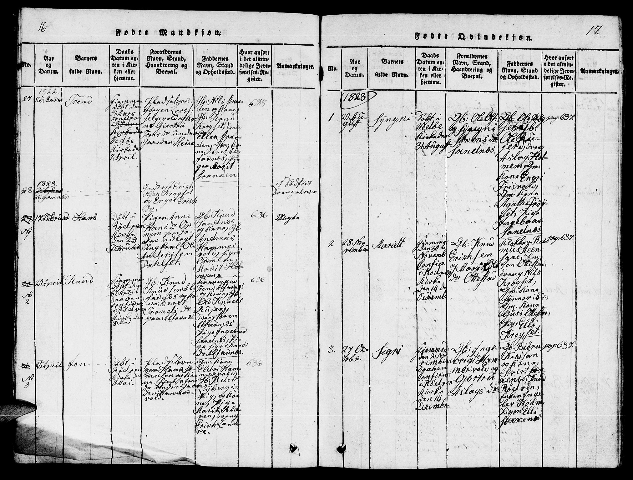 Ministerialprotokoller, klokkerbøker og fødselsregistre - Møre og Romsdal, AV/SAT-A-1454/548/L0613: Parish register (copy) no. 548C01, 1818-1846, p. 16-17