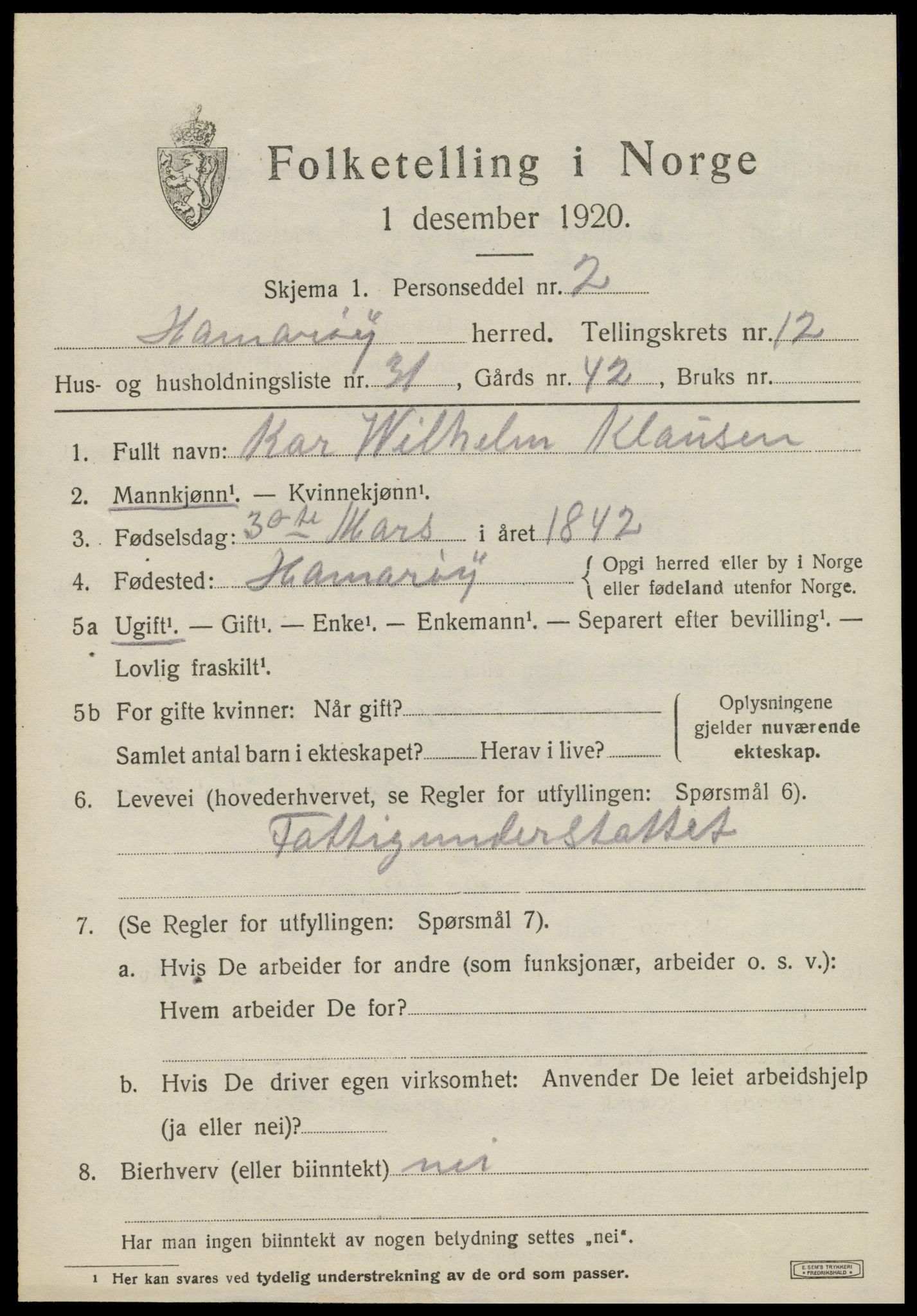 SAT, 1920 census for Hamarøy, 1920, p. 6086