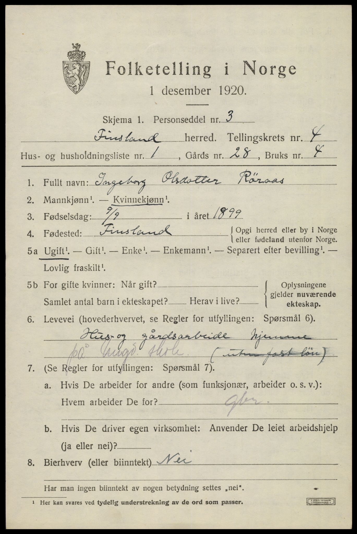 SAK, 1920 census for Finsland, 1920, p. 1606