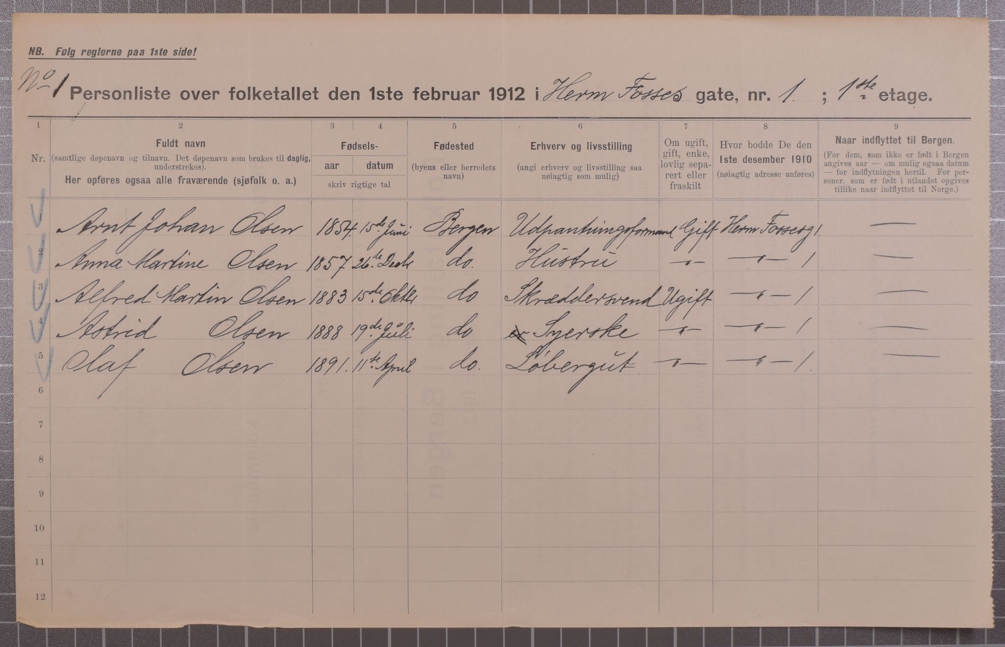 SAB, Municipal Census 1912 for Bergen, 1912, p. 2903