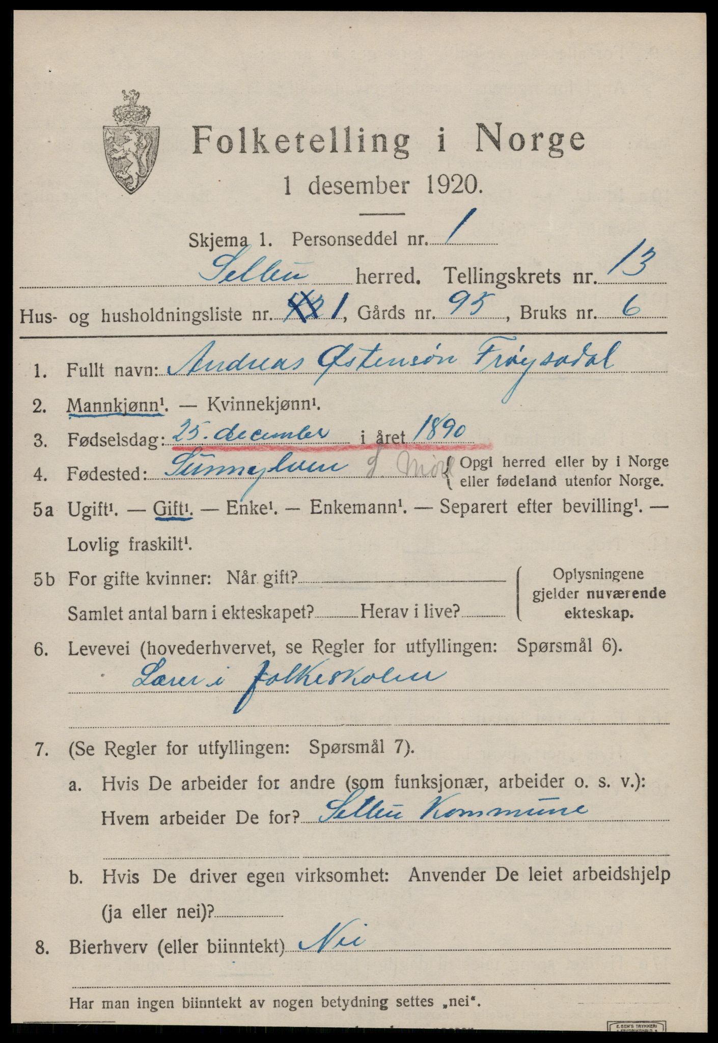 SAT, 1920 census for Selbu, 1920, p. 7012