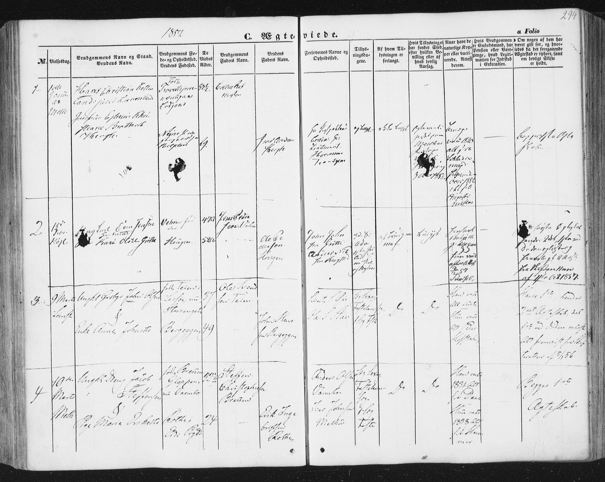 Ministerialprotokoller, klokkerbøker og fødselsregistre - Sør-Trøndelag, SAT/A-1456/691/L1076: Parish register (official) no. 691A08, 1852-1861, p. 294
