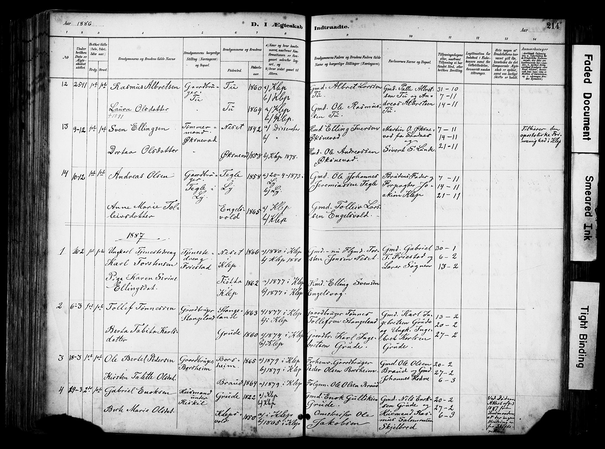 Klepp sokneprestkontor, AV/SAST-A-101803/001/3/30BA/L0009: Parish register (official) no. A 7, 1886-1915, p. 214