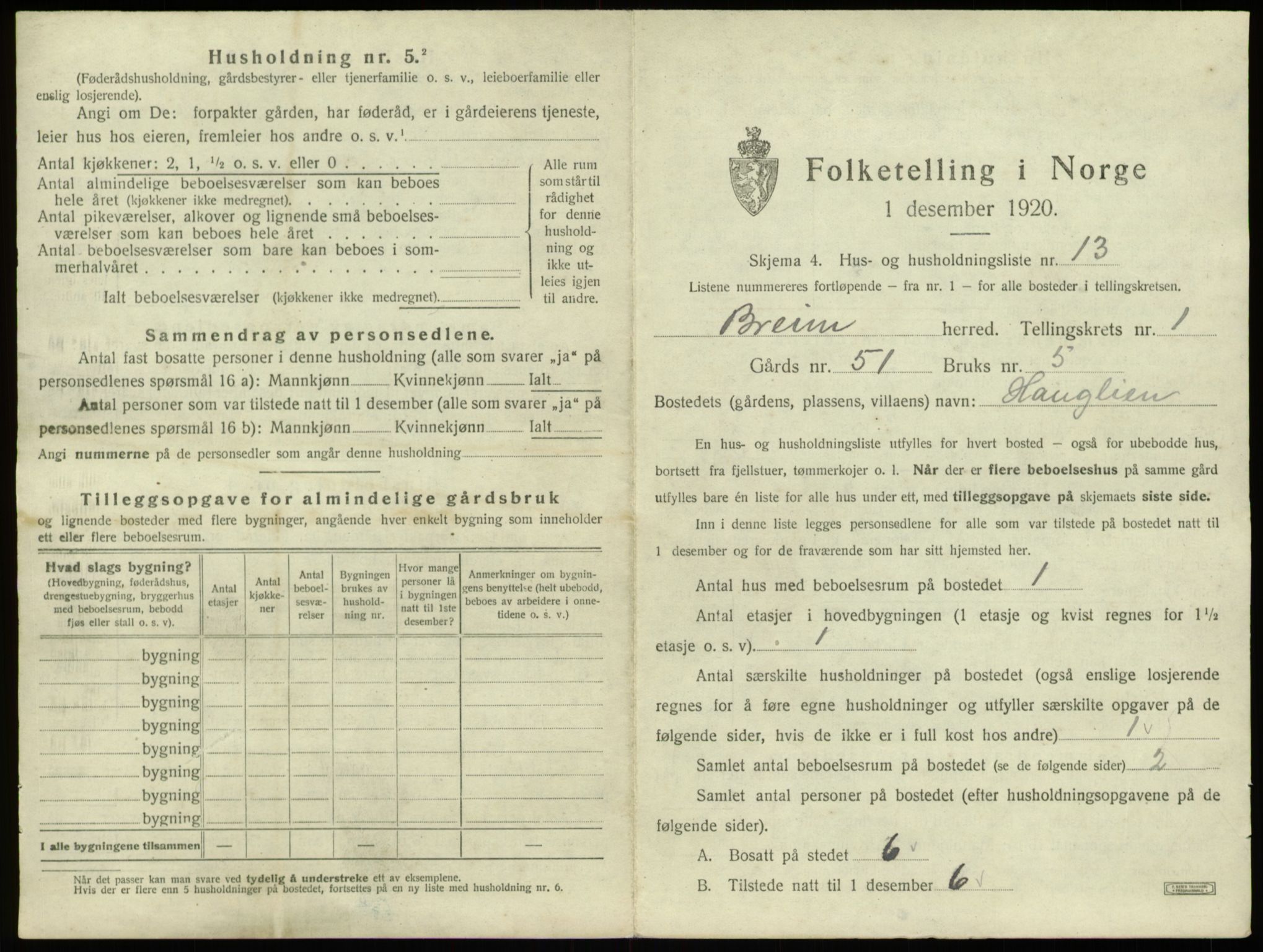 SAB, 1920 census for Breim, 1920, p. 63