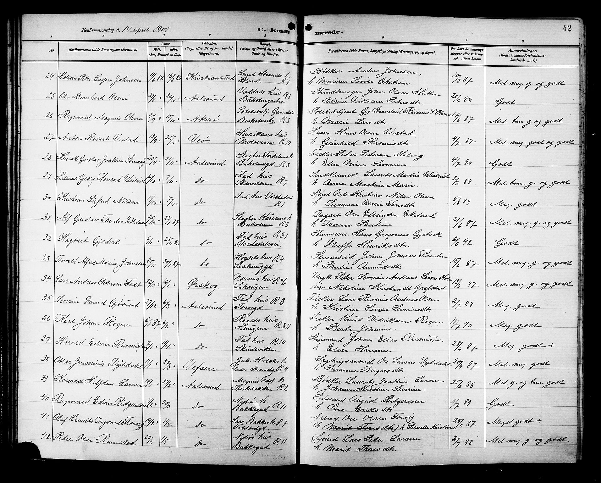 Ministerialprotokoller, klokkerbøker og fødselsregistre - Møre og Romsdal, SAT/A-1454/529/L0469: Parish register (copy) no. 529C06, 1898-1906, p. 42