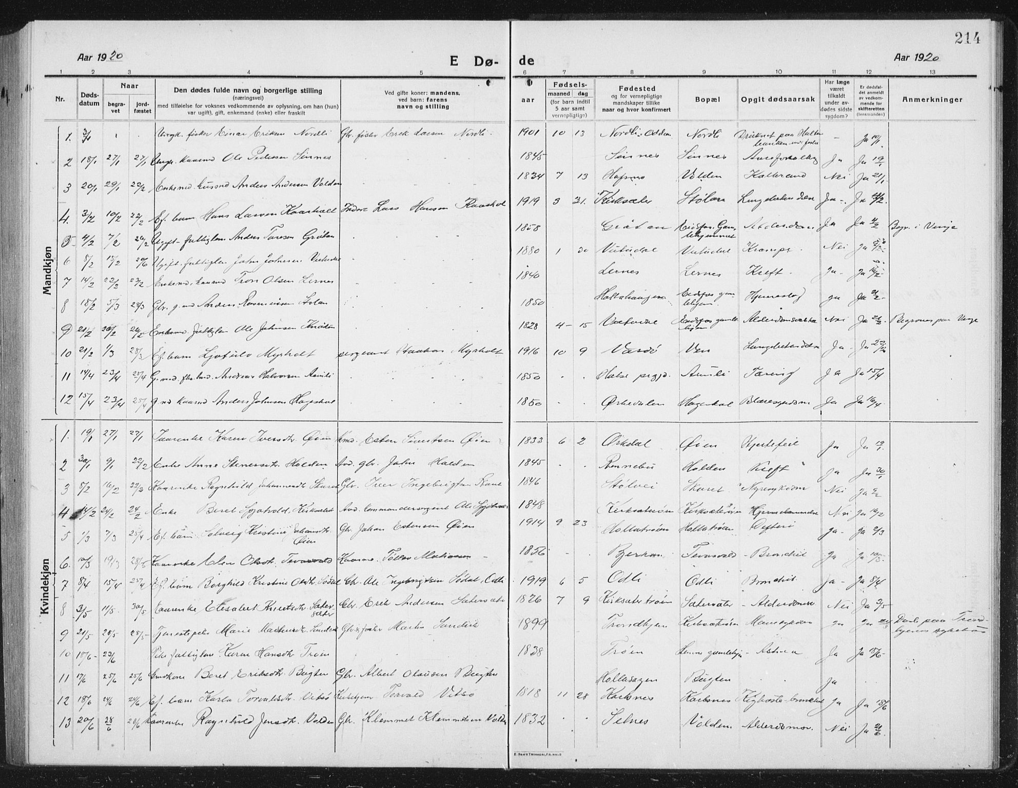 Ministerialprotokoller, klokkerbøker og fødselsregistre - Sør-Trøndelag, SAT/A-1456/630/L0506: Parish register (copy) no. 630C04, 1914-1933, p. 214
