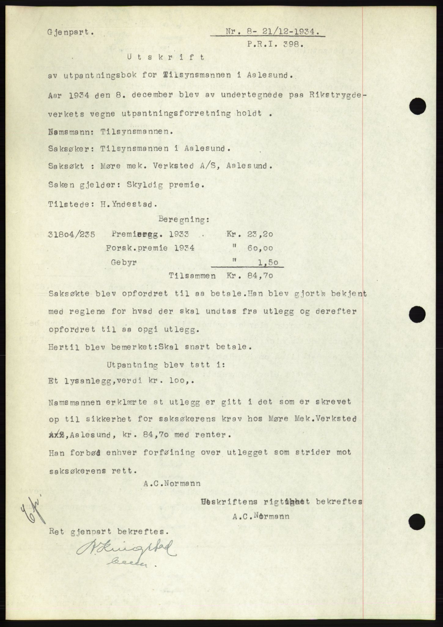 Ålesund byfogd, AV/SAT-A-4384: Mortgage book no. 32, 1934-1935, Deed date: 21.12.1934