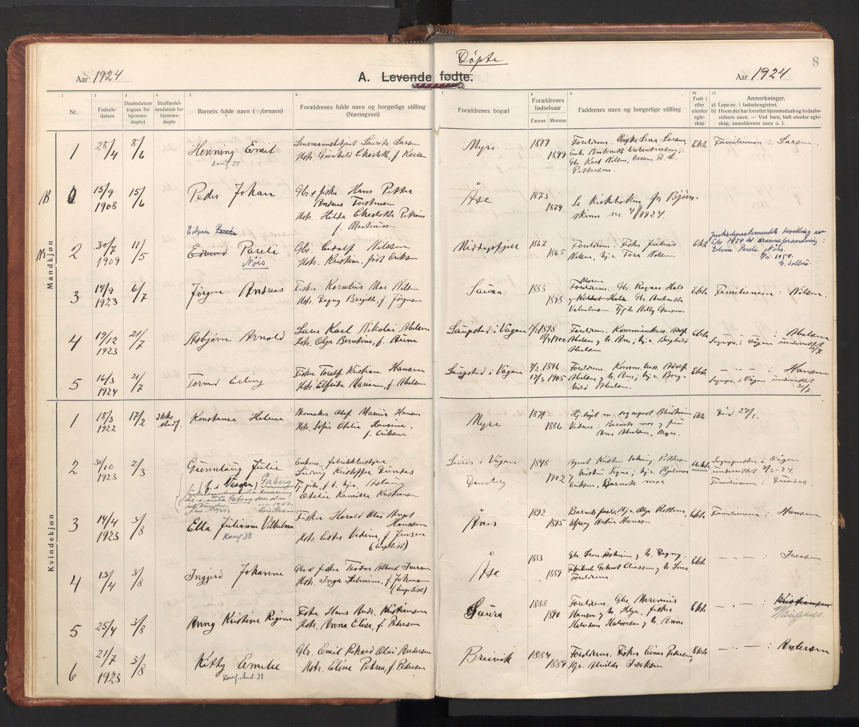 Ministerialprotokoller, klokkerbøker og fødselsregistre - Nordland, SAT/A-1459/897/L1408: Parish register (official) no. 897A15, 1922-1938, p. 8