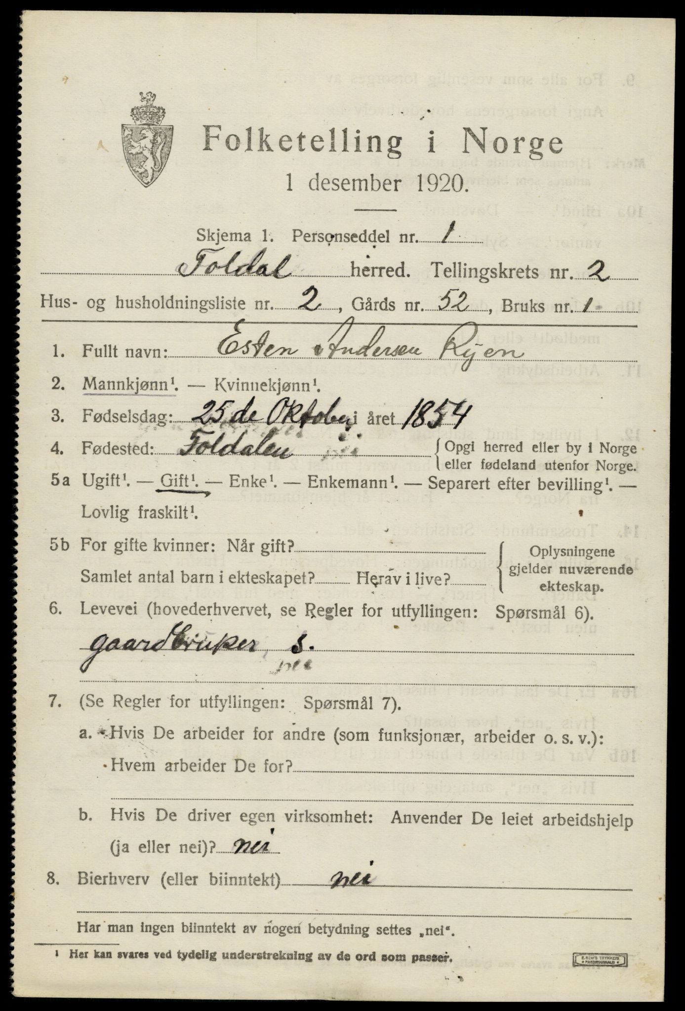 SAH, 1920 census for Folldal, 1920, p. 1045